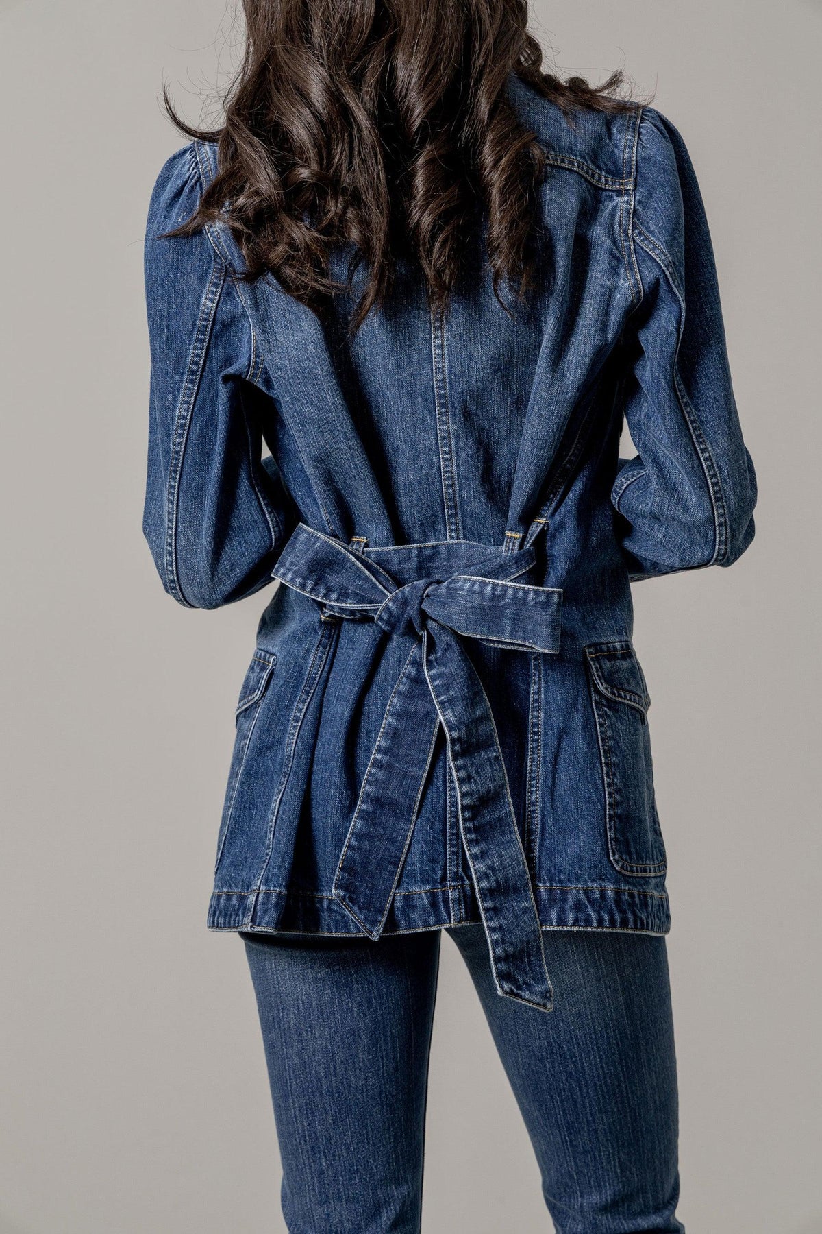 Kimes Ranch Becca Denim Jacket in Antique Wash, back view, with a belted waist and patch pockets
