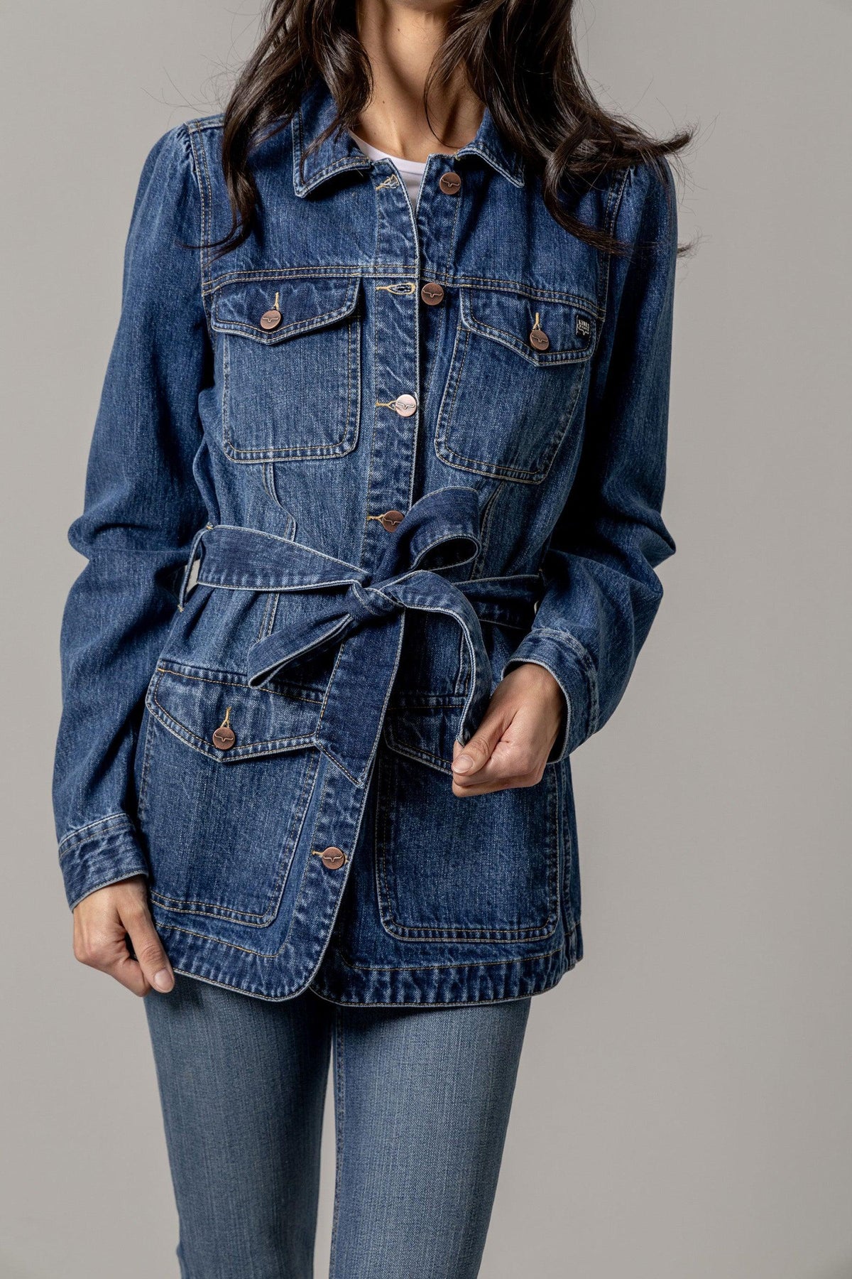 Kimes Ranch Becca Denim Jacket in Antique Wash with a self-tie waist belt and four front pockets