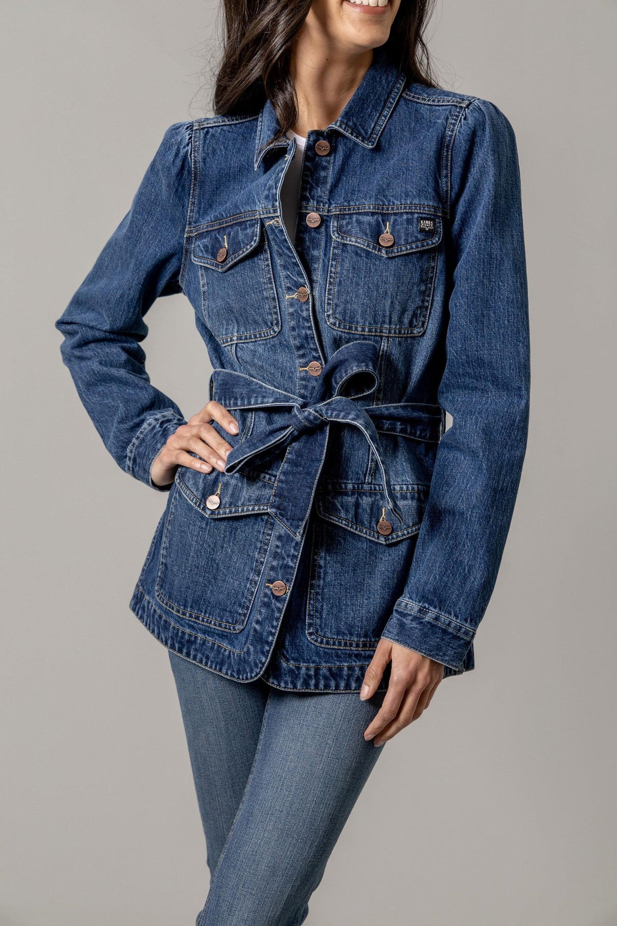Kimes Ranch Becca Denim Jacket in Antique Wash with a self-tie waist belt and four buttoned pockets