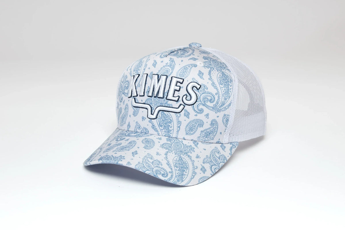 Kimes Ranch Bellevue hat in Blue with a paisley pattern and embroidered Kimes Ranch logo