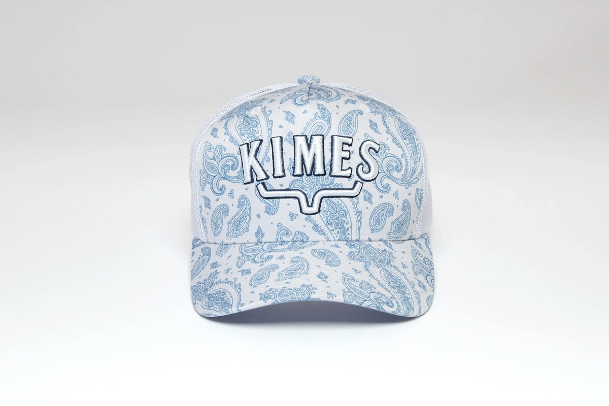 Kimes Ranch Bellevue hat in Blue with a paisley pattern and embroidered KIMES logo with longhorn horns
