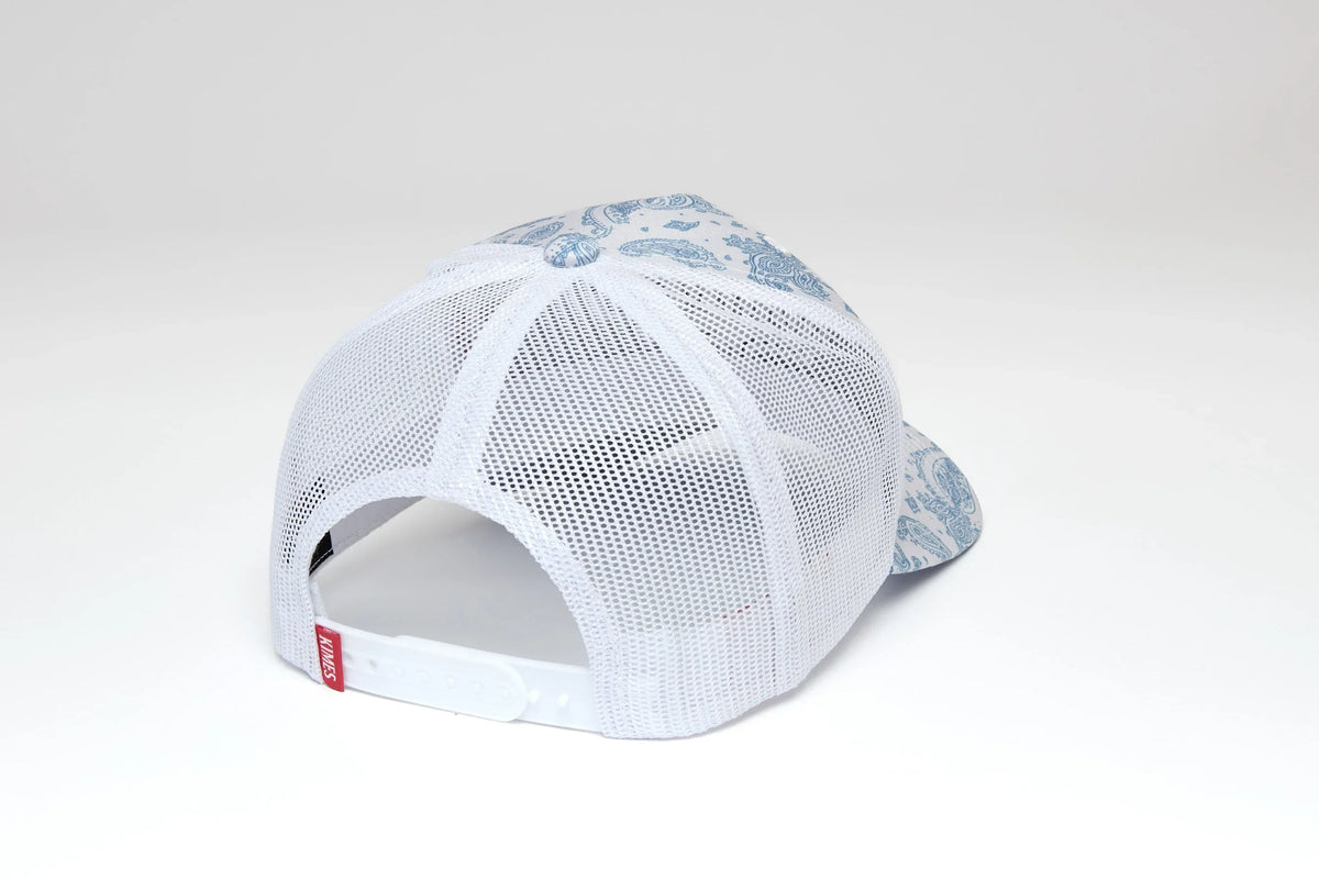 Kimes Ranch Bellevue, back view, hat with white mesh back and Blue paisley print