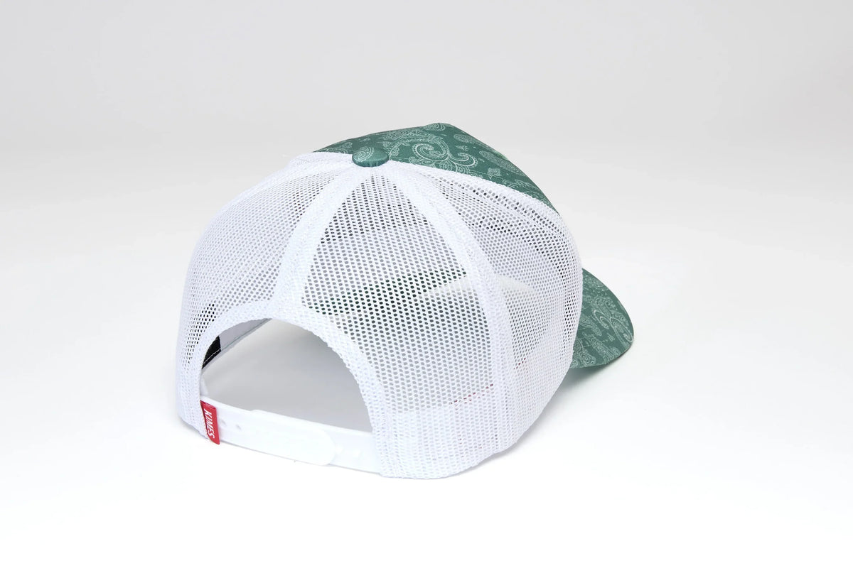 Kimes Ranch Bellevue, back view, hat with white mesh back and Green paisley front panels