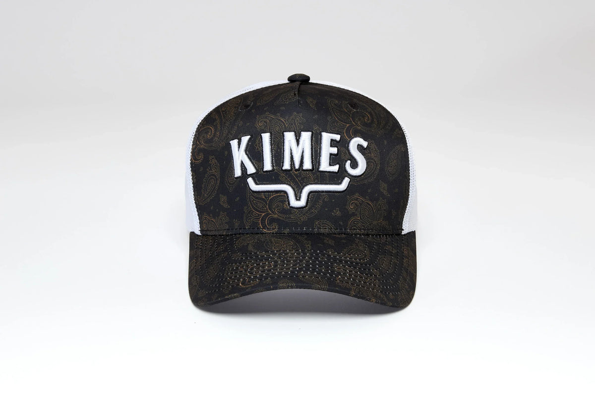 Kimes Ranch Bellevue hat with Black paisley front and brim, white mesh back, and white embroidered KIMES logo