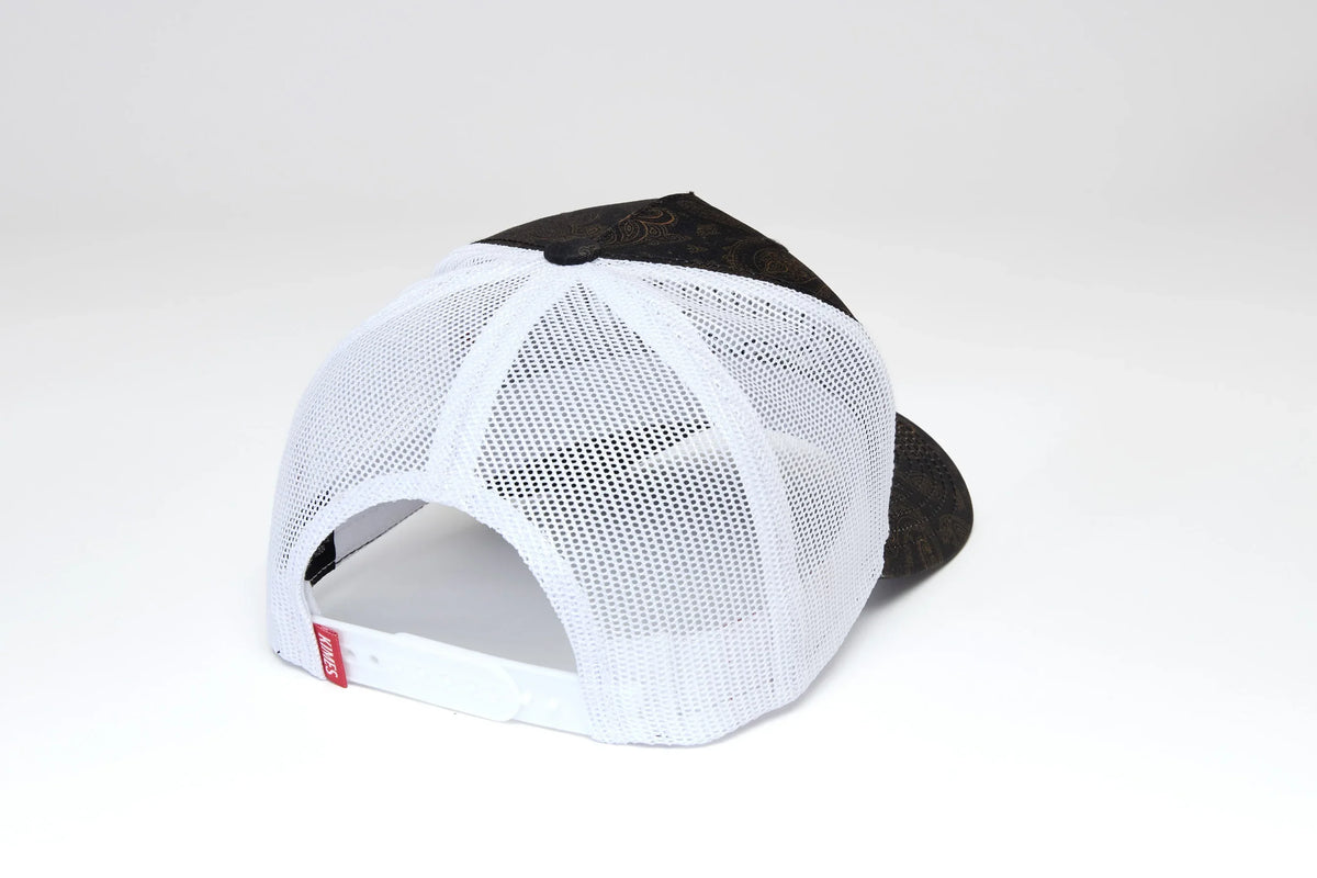 Kimes Ranch Bellevue, back view, hat with Black front panels and white mesh back with adjustable strap