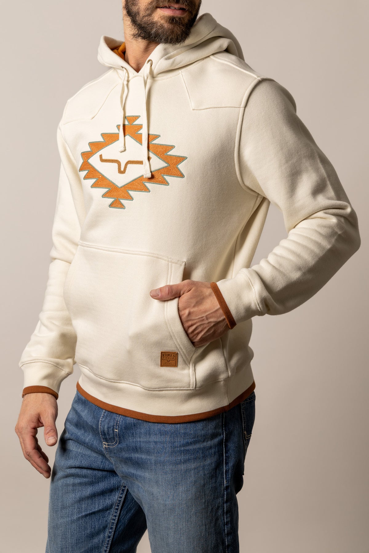 Kimes Ranch Berger hoodie in Natural with a longhorn graphic and kangaroo pocket
