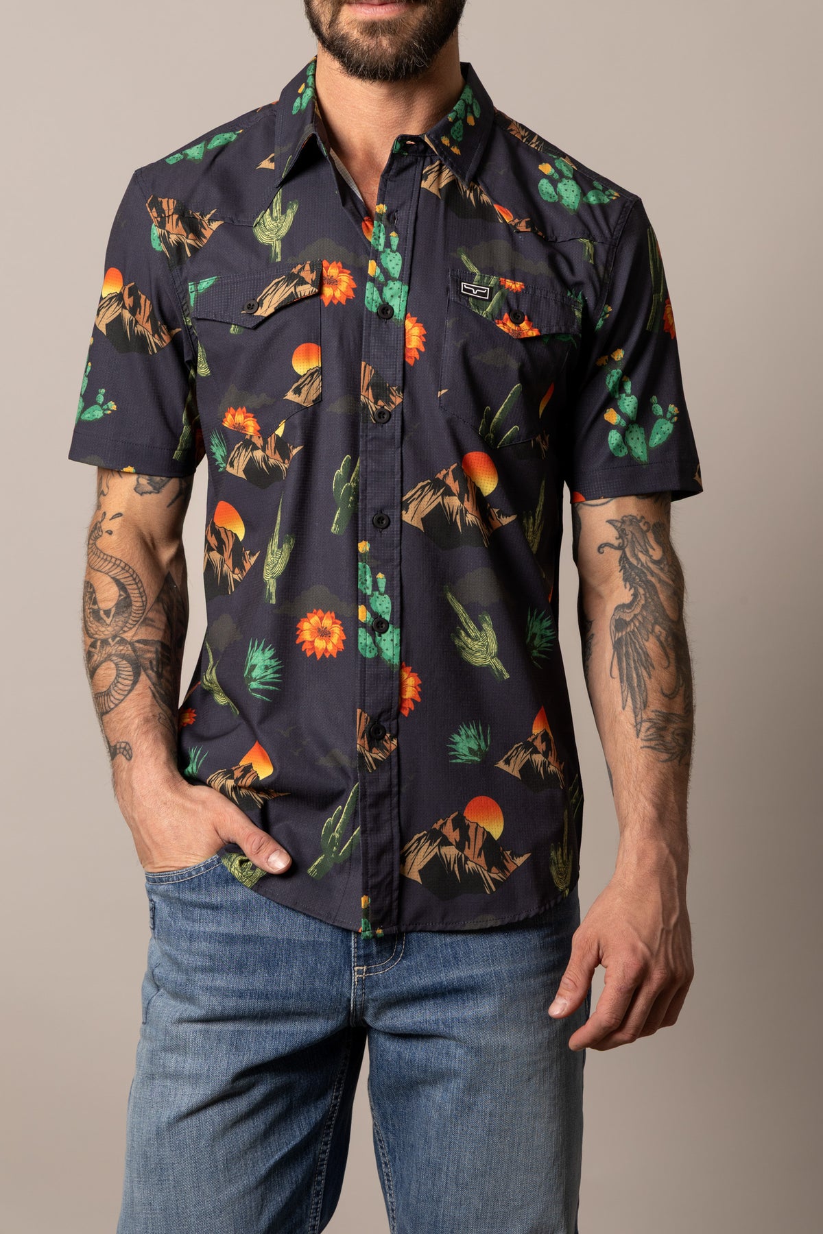 Kimes Ranch Berry short sleeve dress shirt in Black with a desert print of cacti and mountains