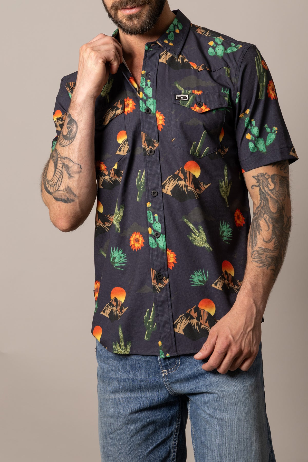 Kimes Ranch Berry dress shirt in Black with a desert print of cacti and mountains