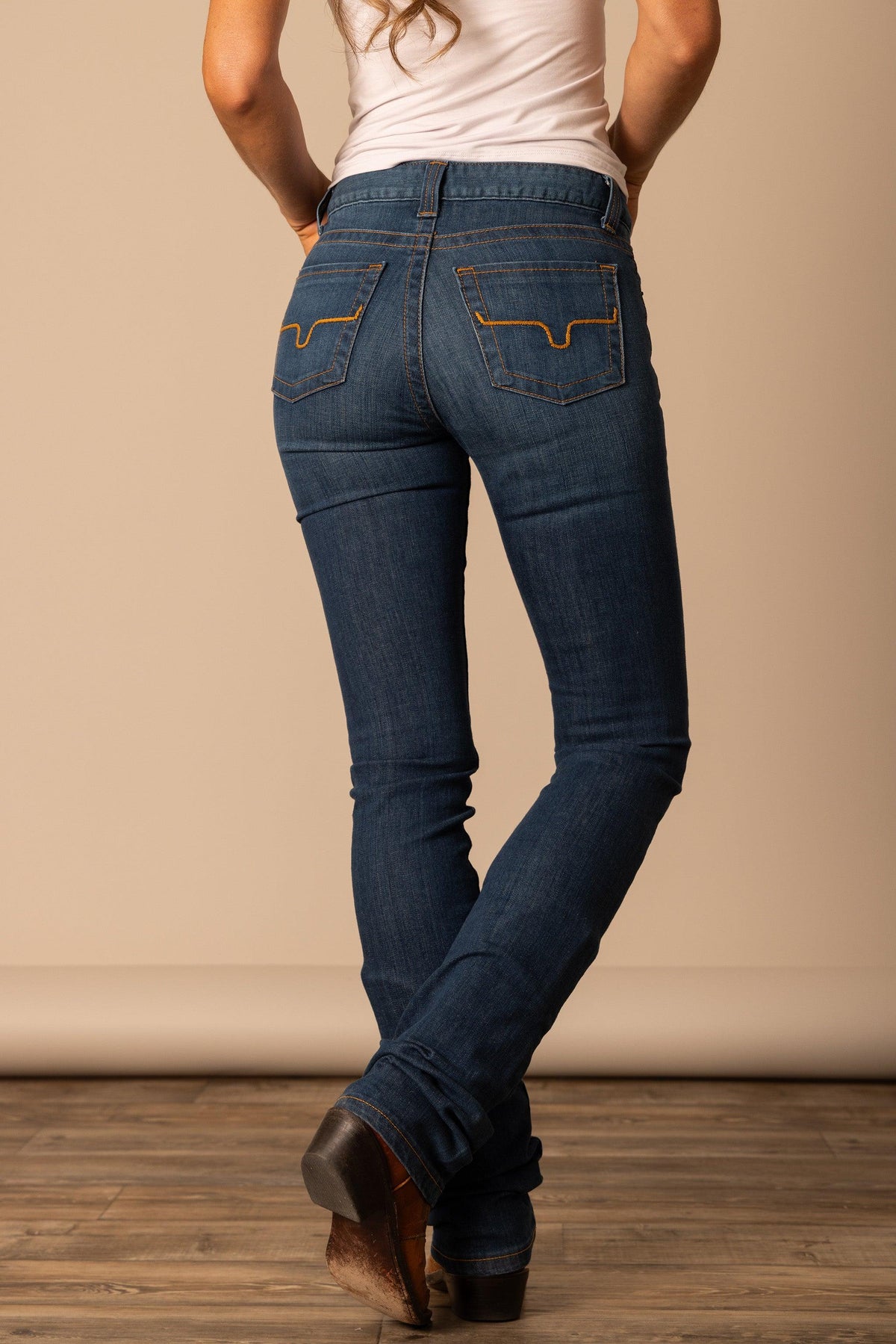 Kimes Ranch Betty17, back view, jeans in Blue with signature back pocket stitching and a slim fit silhouette