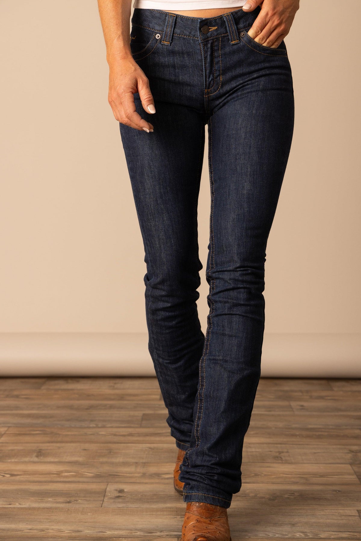Kimes Ranch Betty jeans in dark indigo with a slim fit and contrast stitching