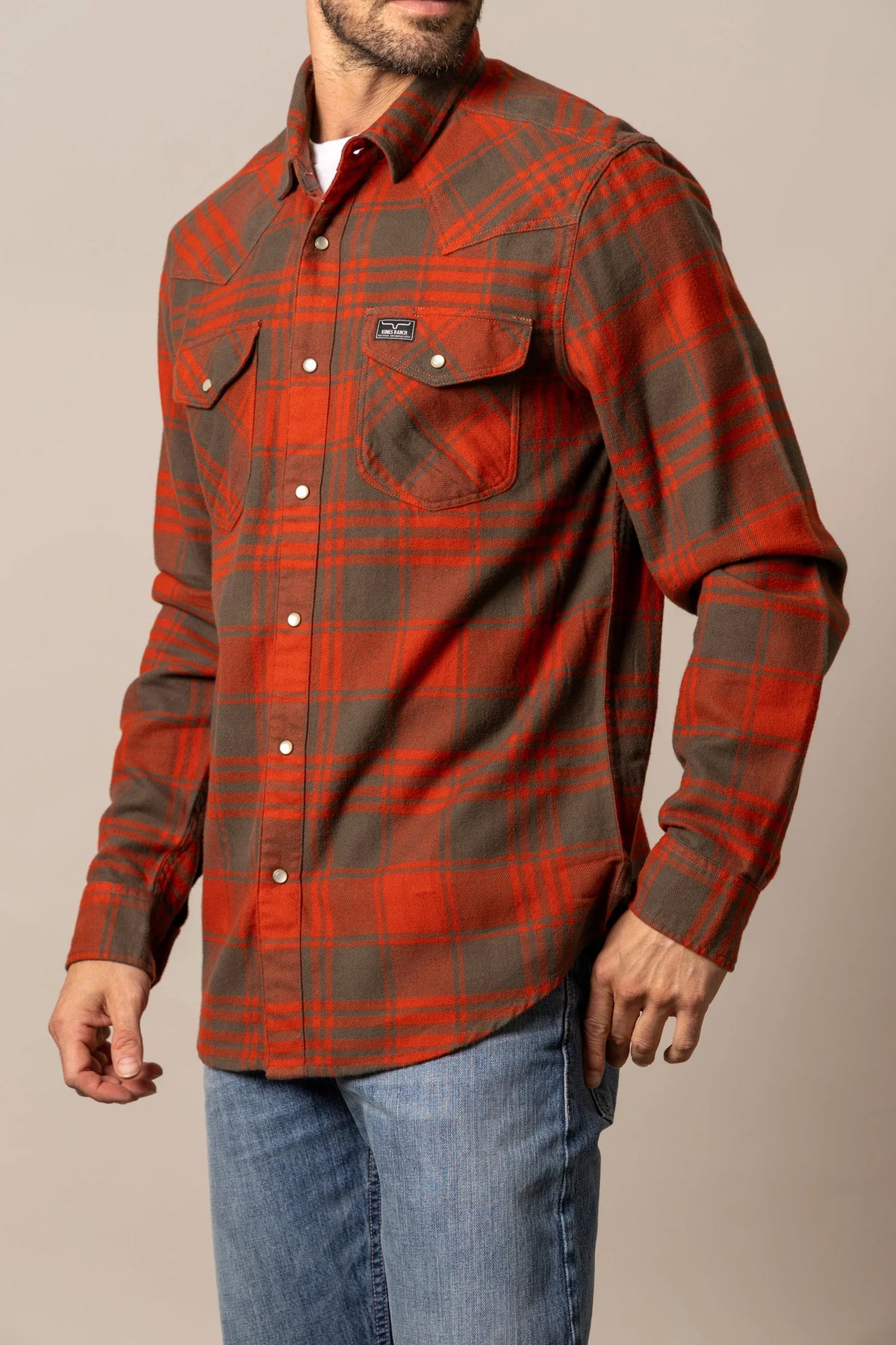 Kimes Ranch Biggie Flannel dress shirt in Brick Red with chest pockets and a logo patch