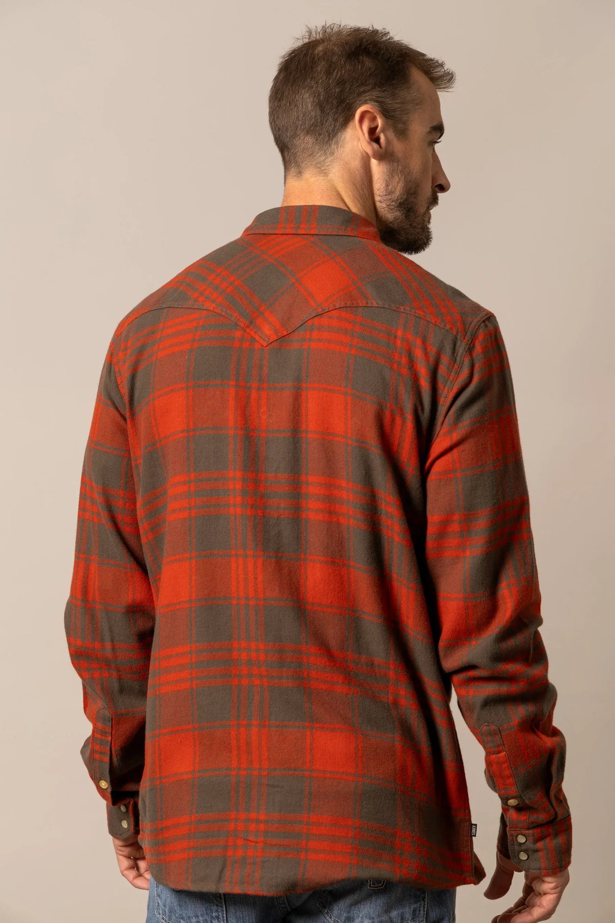 Kimes Ranch Biggie Flannel dress shirt in Brick Red, back view, with a back yoke and button cuffs