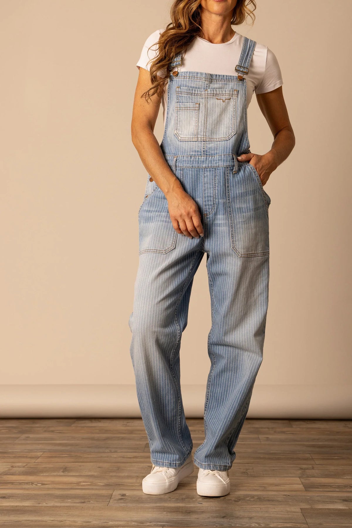Kimes Ranch Billy Overalls in Stripe with front bib pocket and side pockets