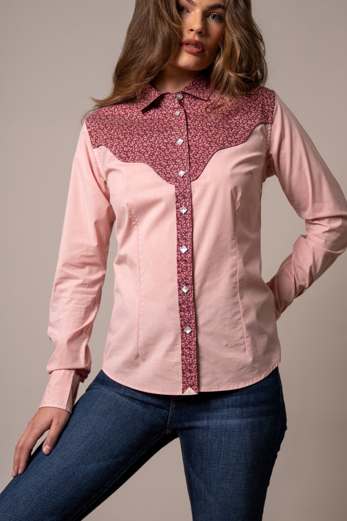 Kimes Ranch Birdie top in Light Pink with a floral yoke and diamond-shaped buttons