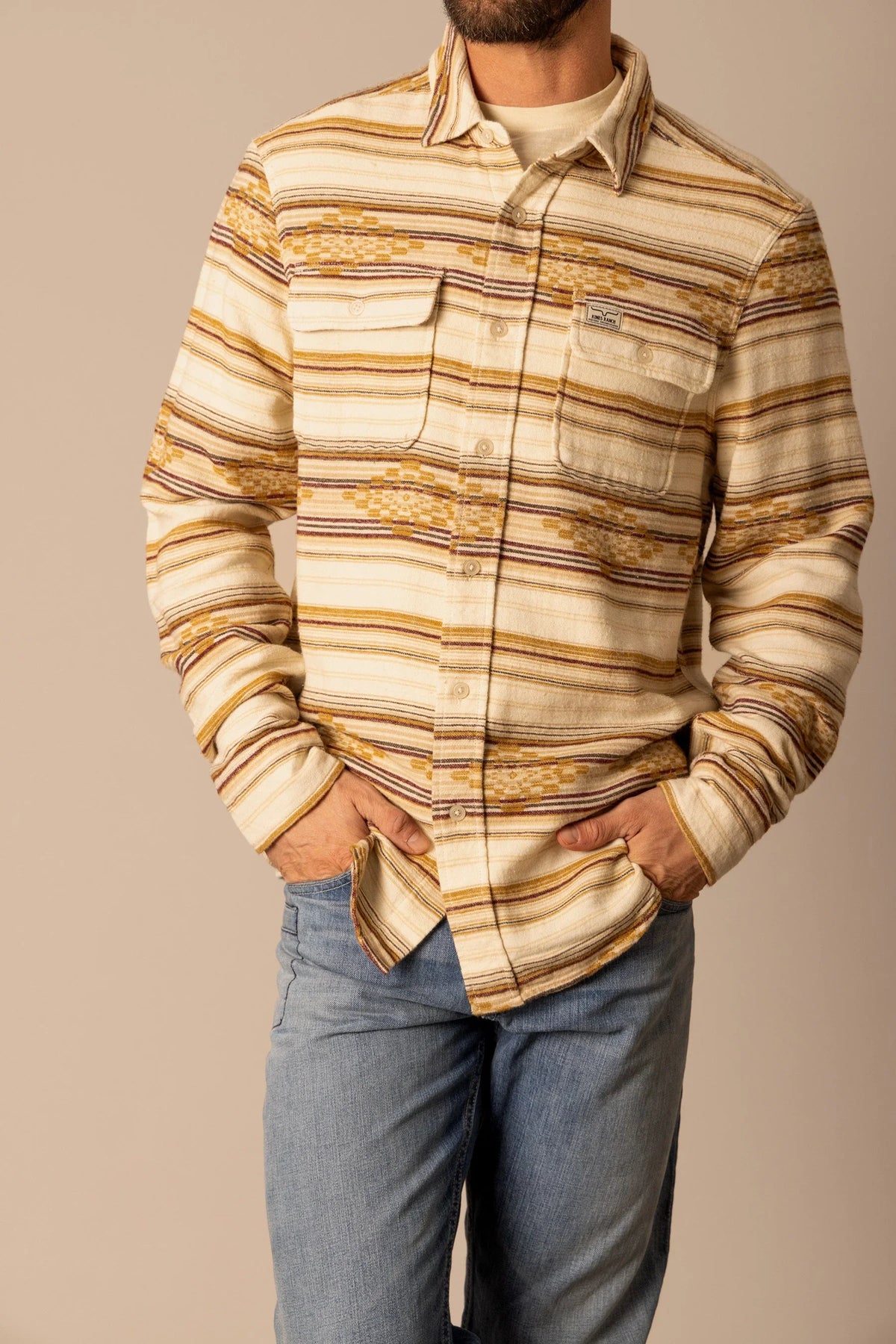 Kimes Ranch Bisbee Flannel dress shirt in Natural with horizontal stripes and two chest pockets