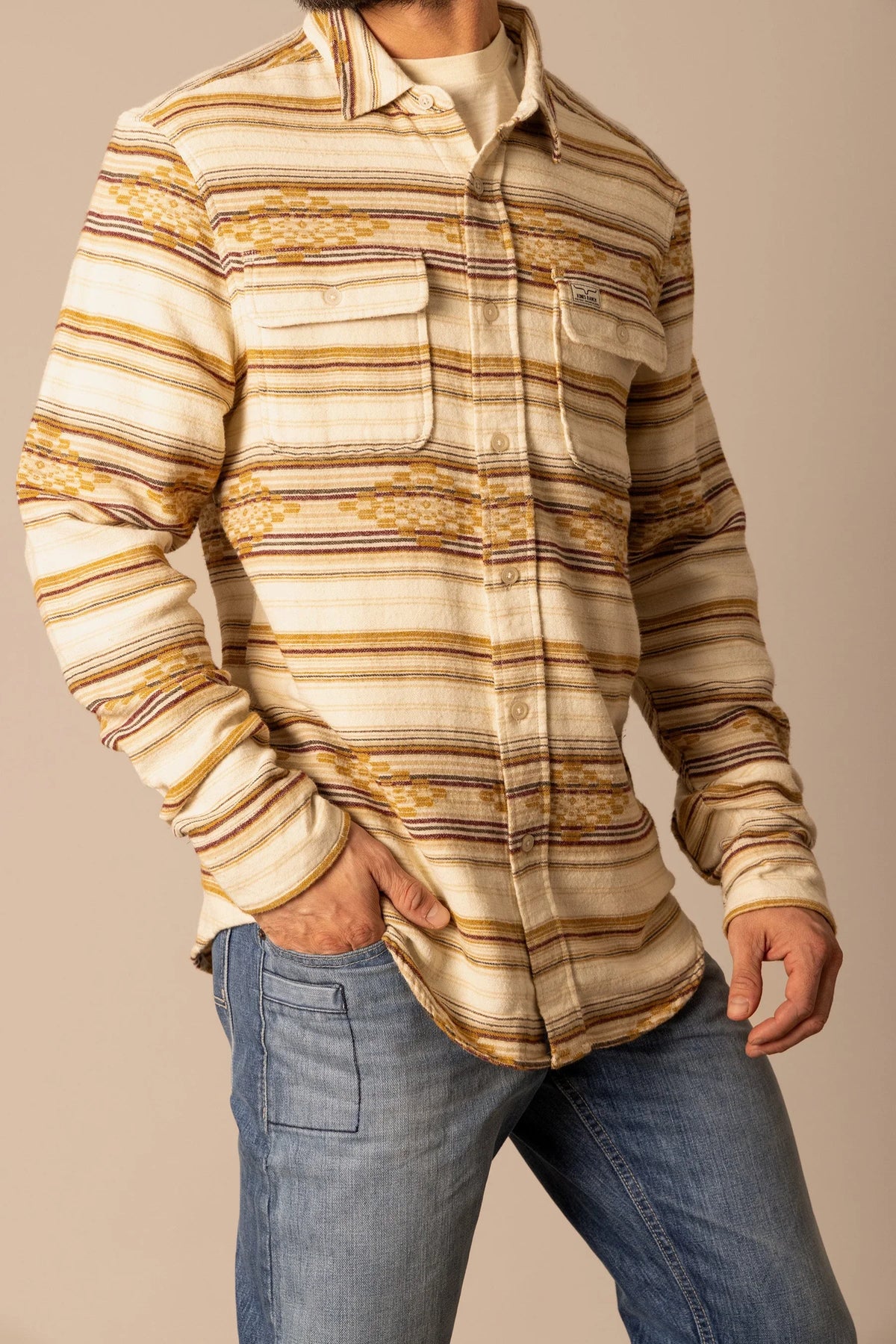Kimes Ranch Bisbee Flannel dress shirt in Natural with horizontal stripes and two chest pockets