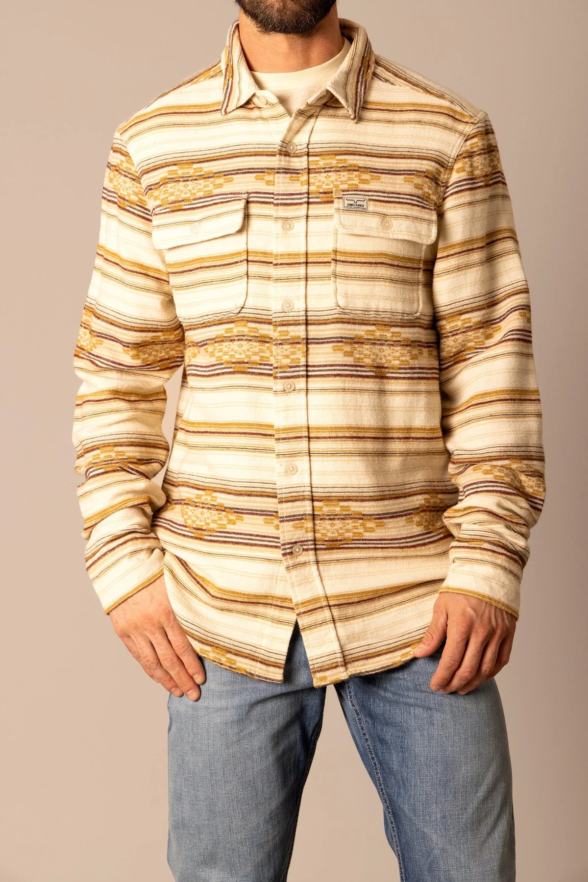 Kimes Ranch Bisbee Flannel dress shirt in Natural with horizontal stripes and two chest pockets with buttoned flaps