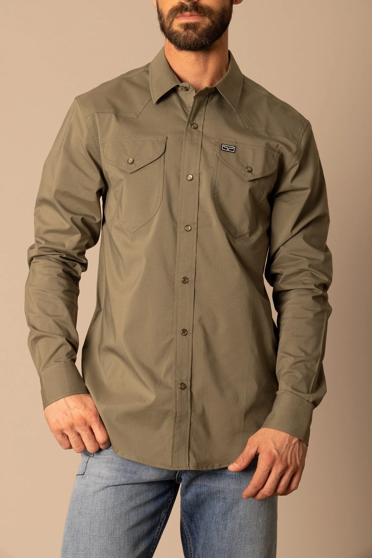 Kimes Ranch Blackout Dress Shirt in Army with long sleeves, button front, and two chest pockets