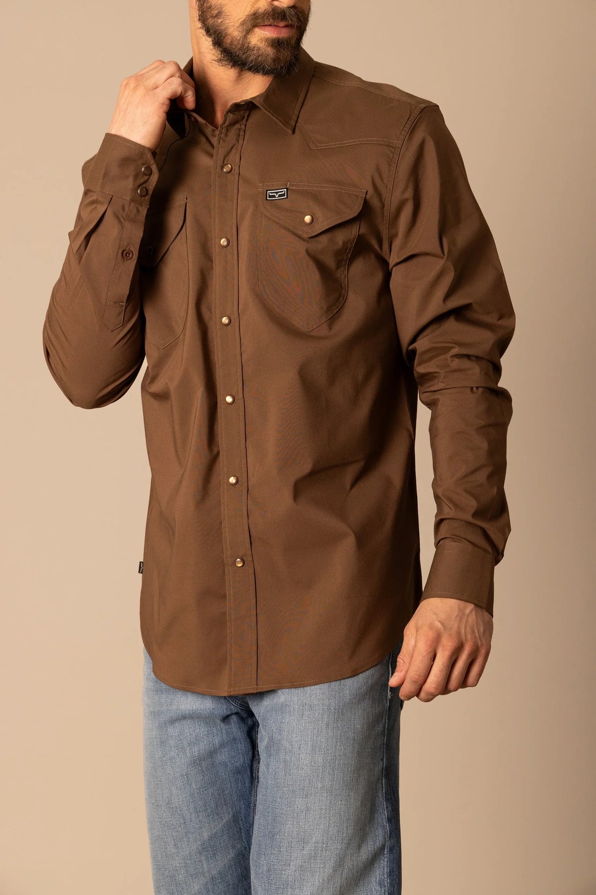 Kimes Ranch Blackout Dress Shirt in Brown with long sleeves and two chest pockets