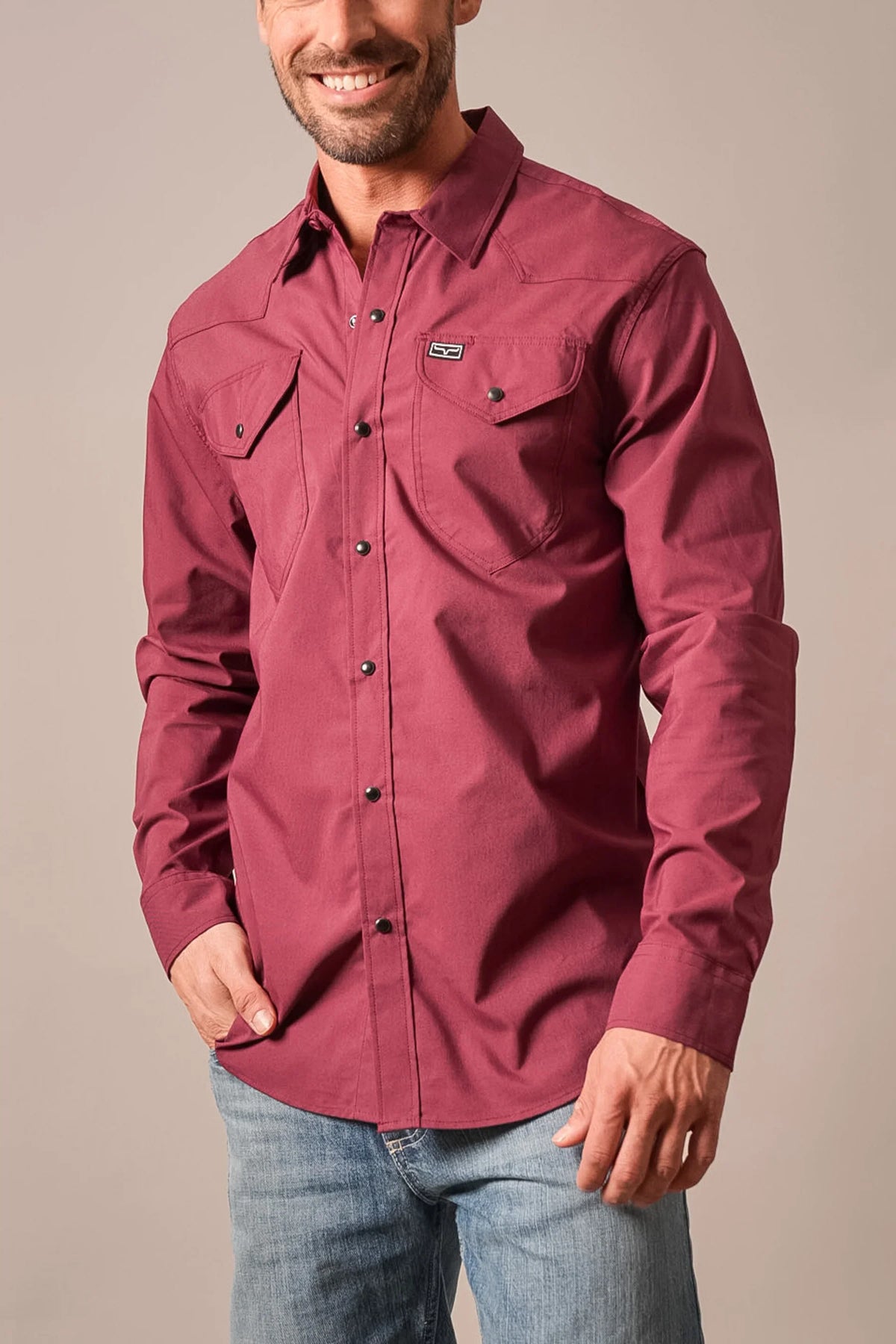 Kimes Ranch Blackout Dress Shirt in Burgundy with long sleeves, button front, and two chest pockets with snap closures