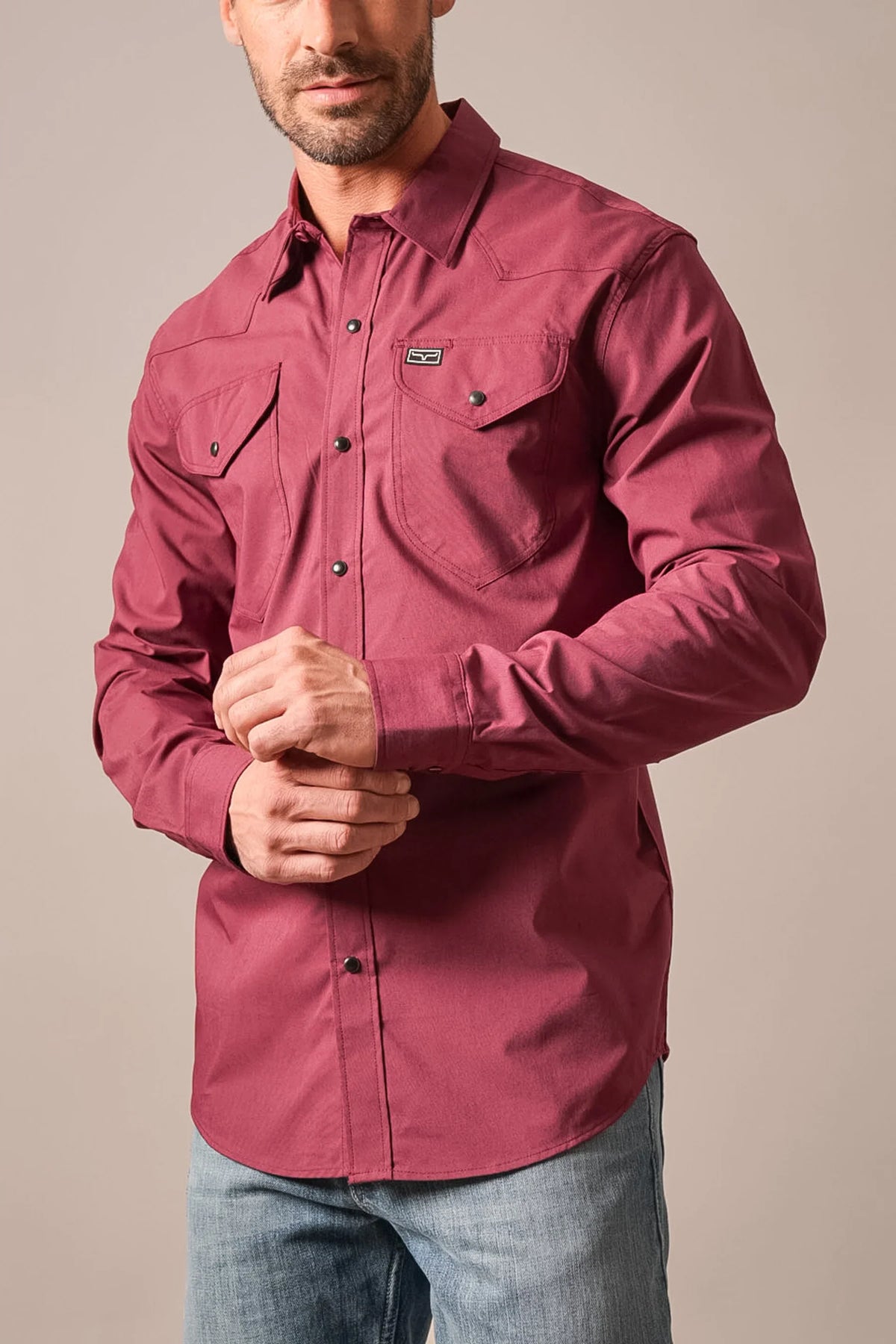 Kimes Ranch Blackout Dress Shirt in Burgundy with chest pockets and a logo patch
