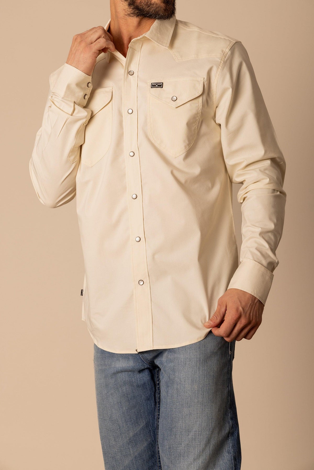 Kimes Ranch Blackout Dress Shirt in Natural with long sleeves and two chest pockets
