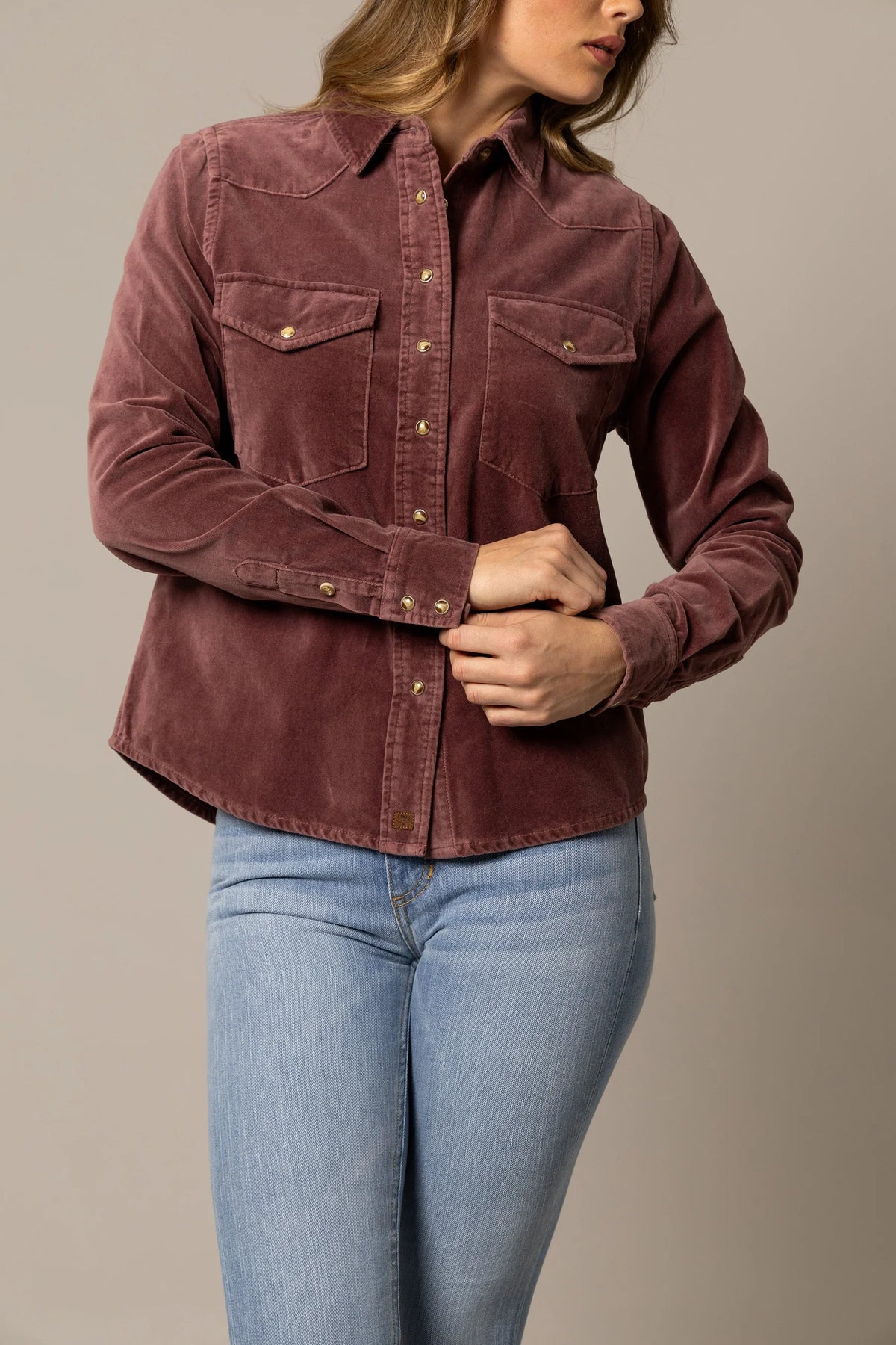 Kimes Ranch Bonnie top in Lilac with long sleeves, snap front, and two chest pockets