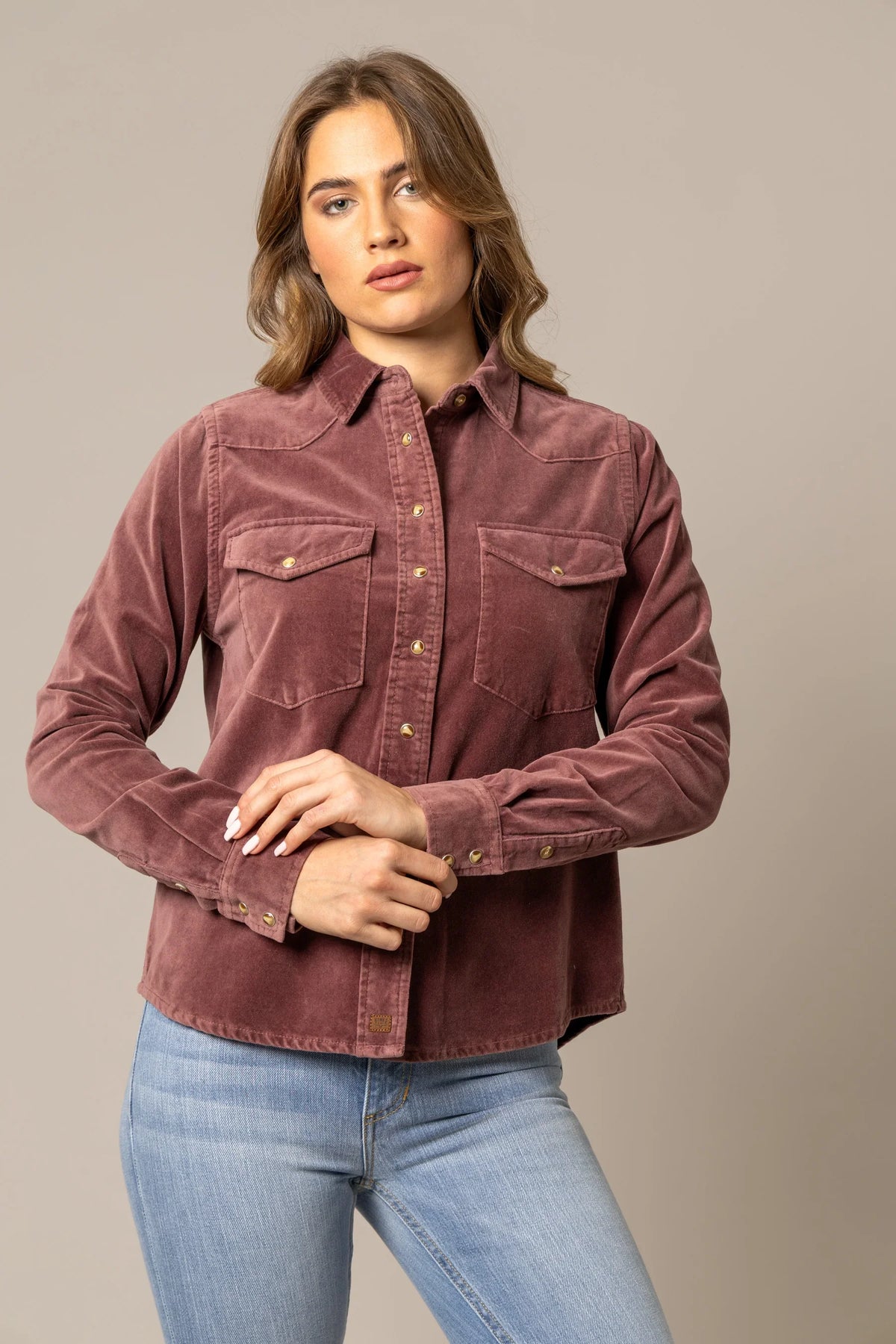 Kimes Ranch Bonnie top in Lilac with snap-button front and chest pockets