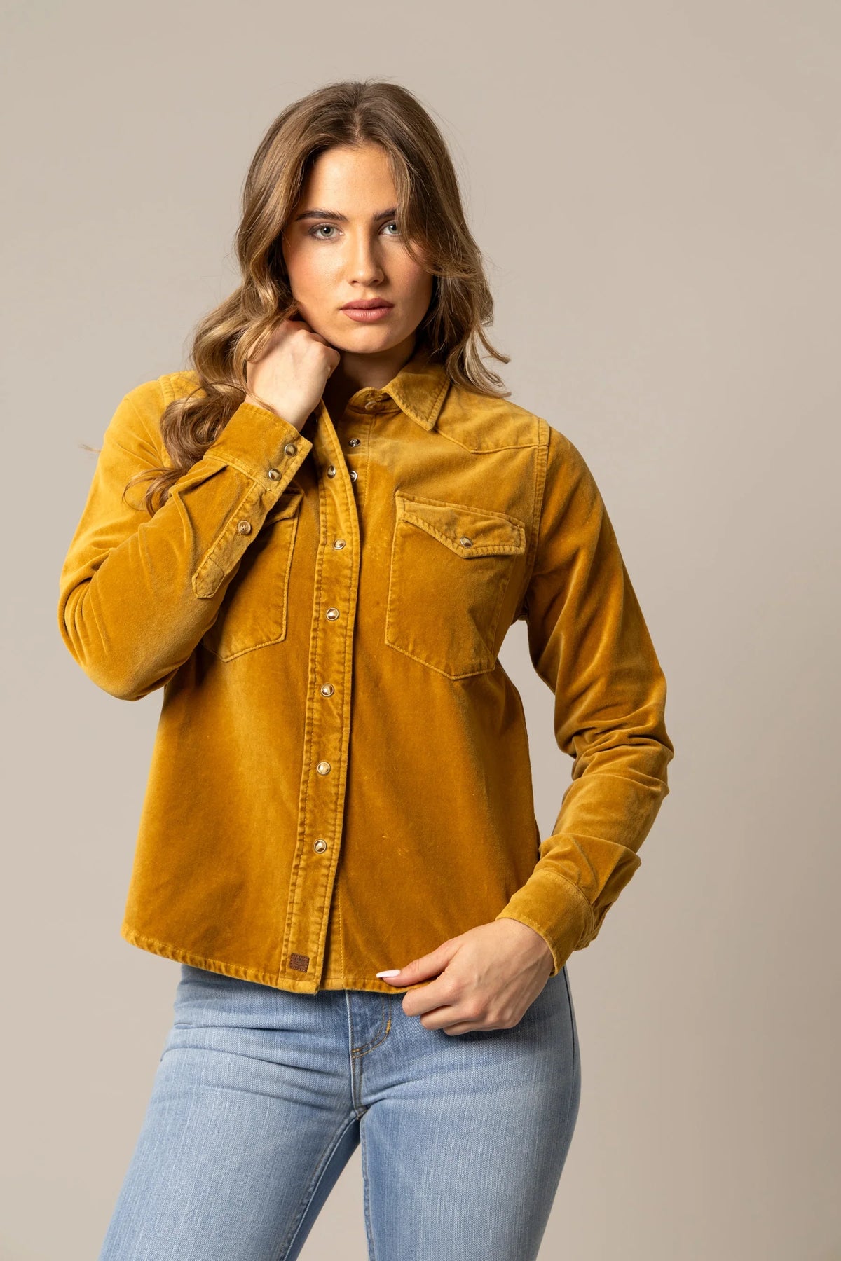 Kimes Ranch Bonnie top in Work Wear Brown with long sleeves and two chest pockets