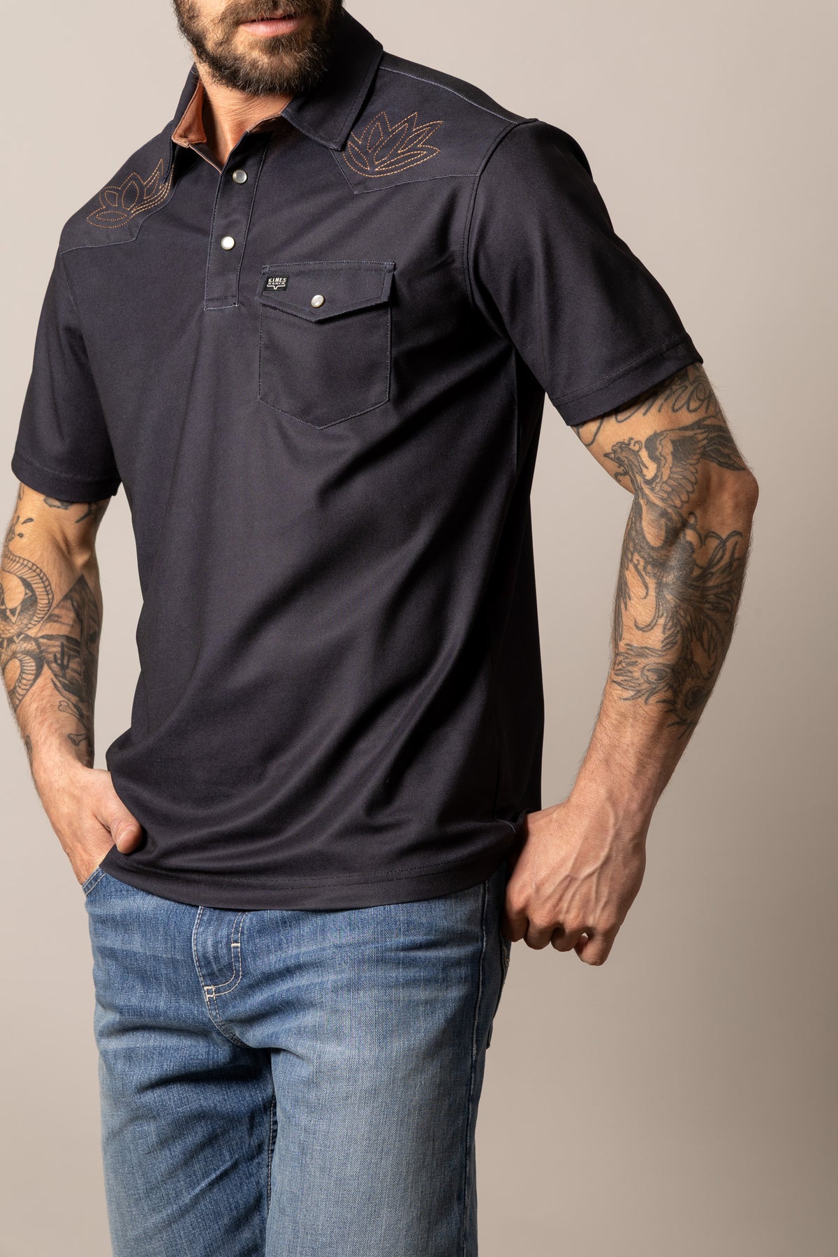 Kimes Ranch Bowman polo in Black with embroidered yoke and chest pocket