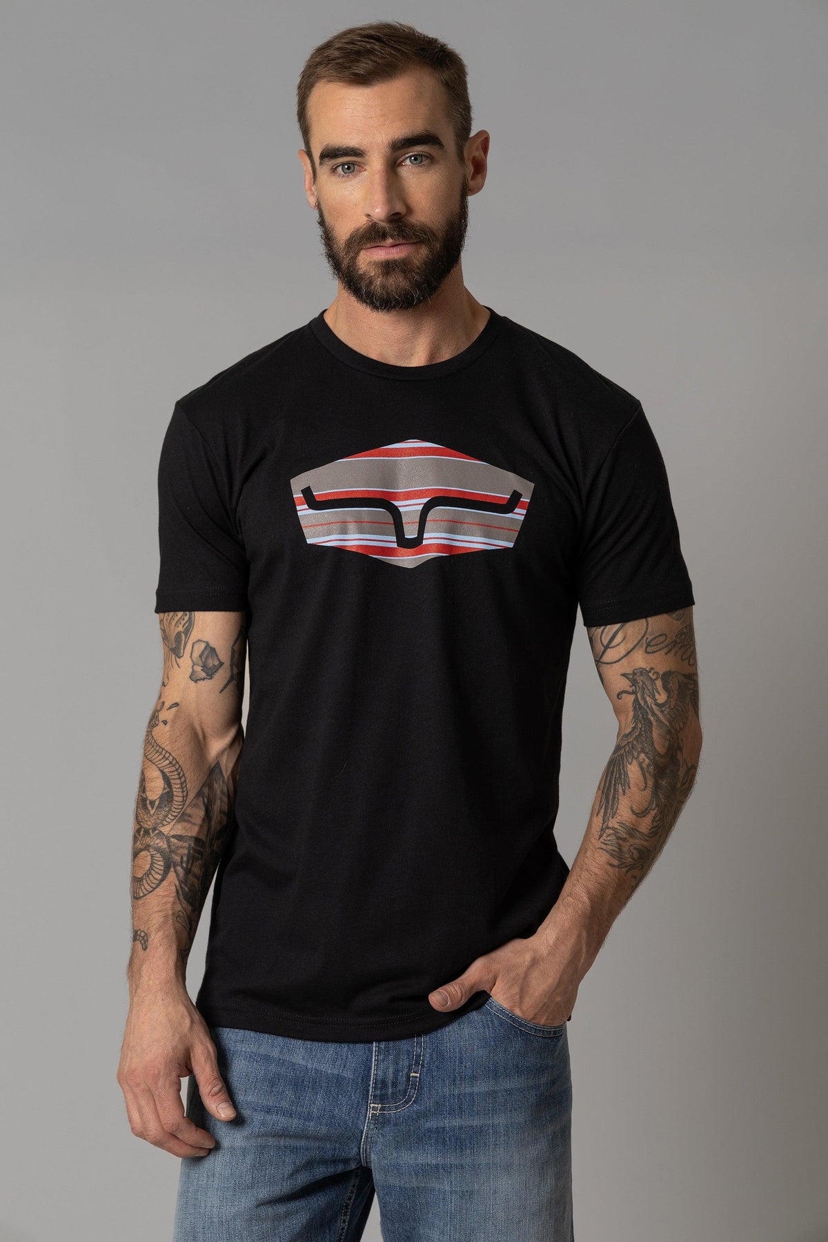 Kimes Ranch Box Seats Striped shirt in Black with a graphic of a striped Kimes Ranch logo
