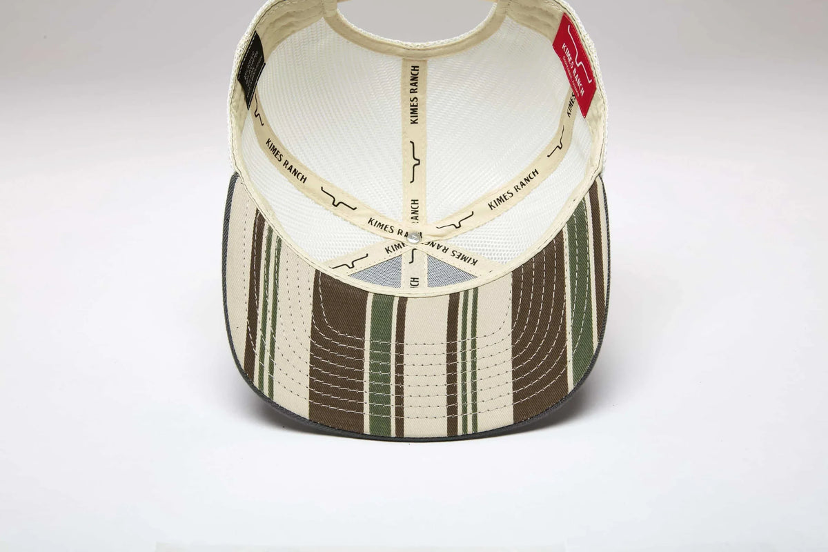 Kimes Ranch Boxer Trucker, back view, hat with Army Green and brown striped brim and branded mesh back