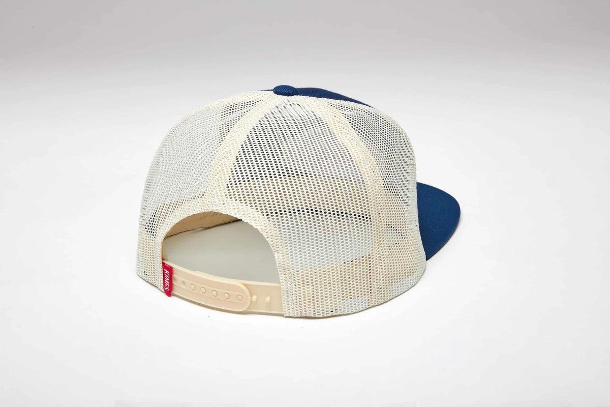 Kimes Ranch Boxer Trucker, back view, hat with Blue mesh back and adjustable strap