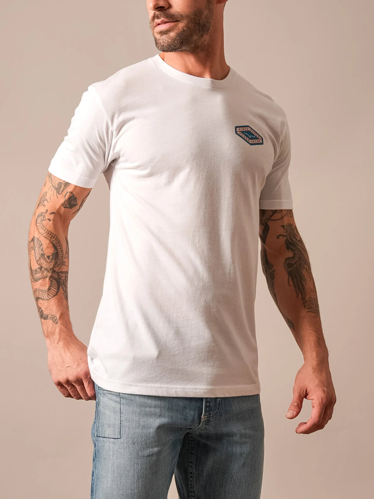Kimes Ranch Boxer shirt in White with short sleeves and a chest logo