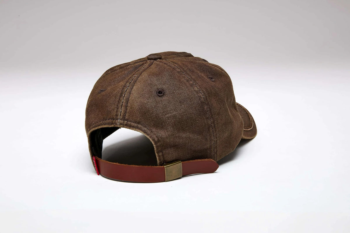 Kimes Ranch Branded KR hat in Brown, back view, with a strap and brass buckle