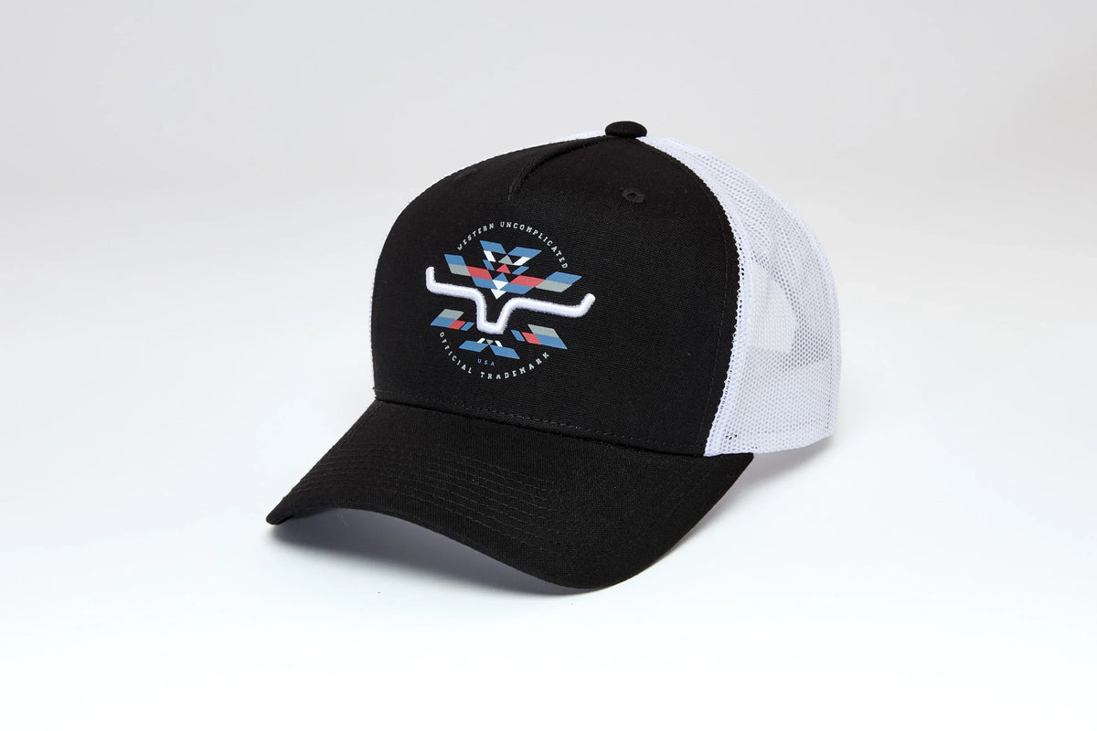 Kimes Ranch Brighton hat in Black, side view, with a white mesh back and a geometric Kimes Ranch logo on the front
