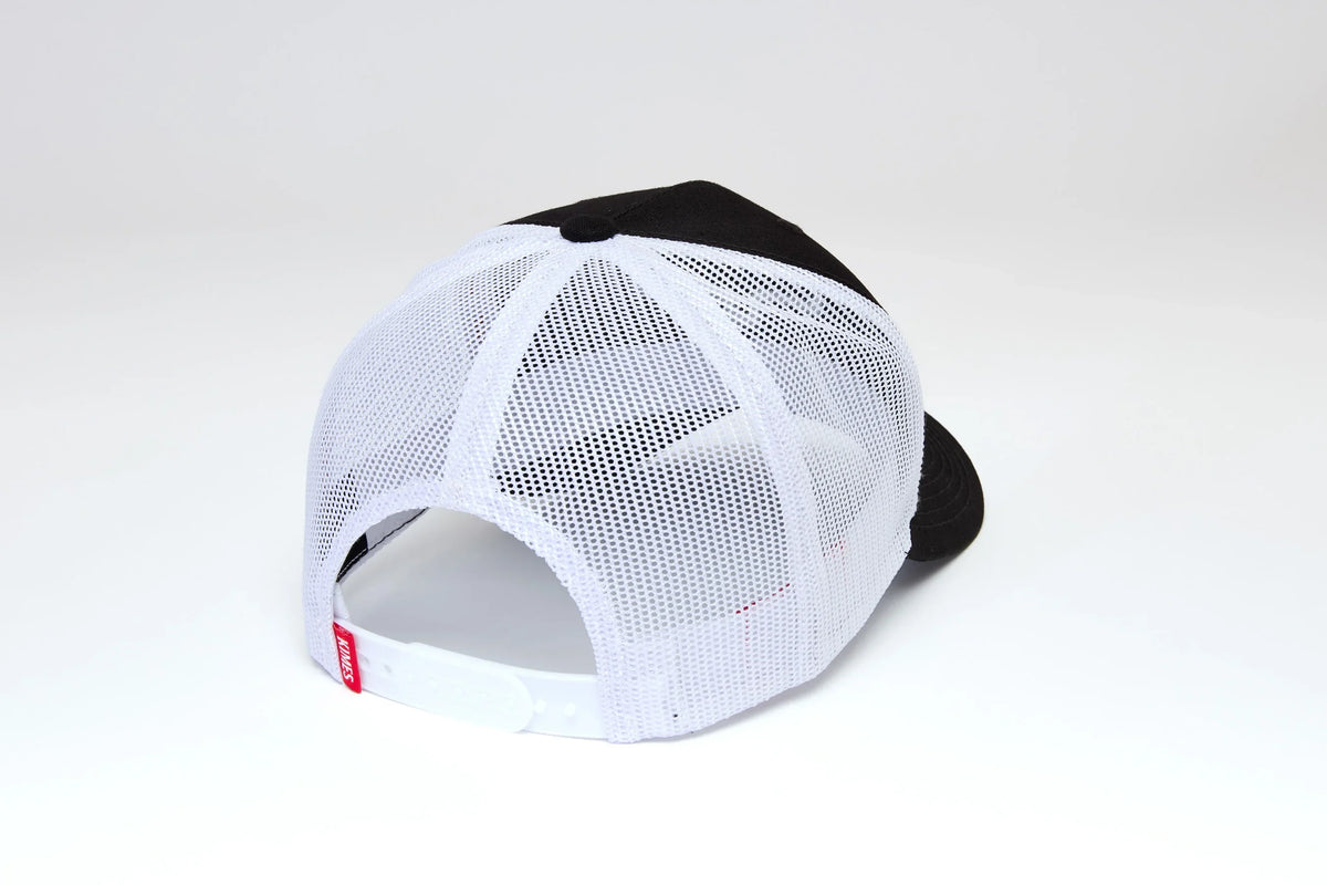 Kimes Ranch Brighton hat in Black, back view, with white mesh back and adjustable strap