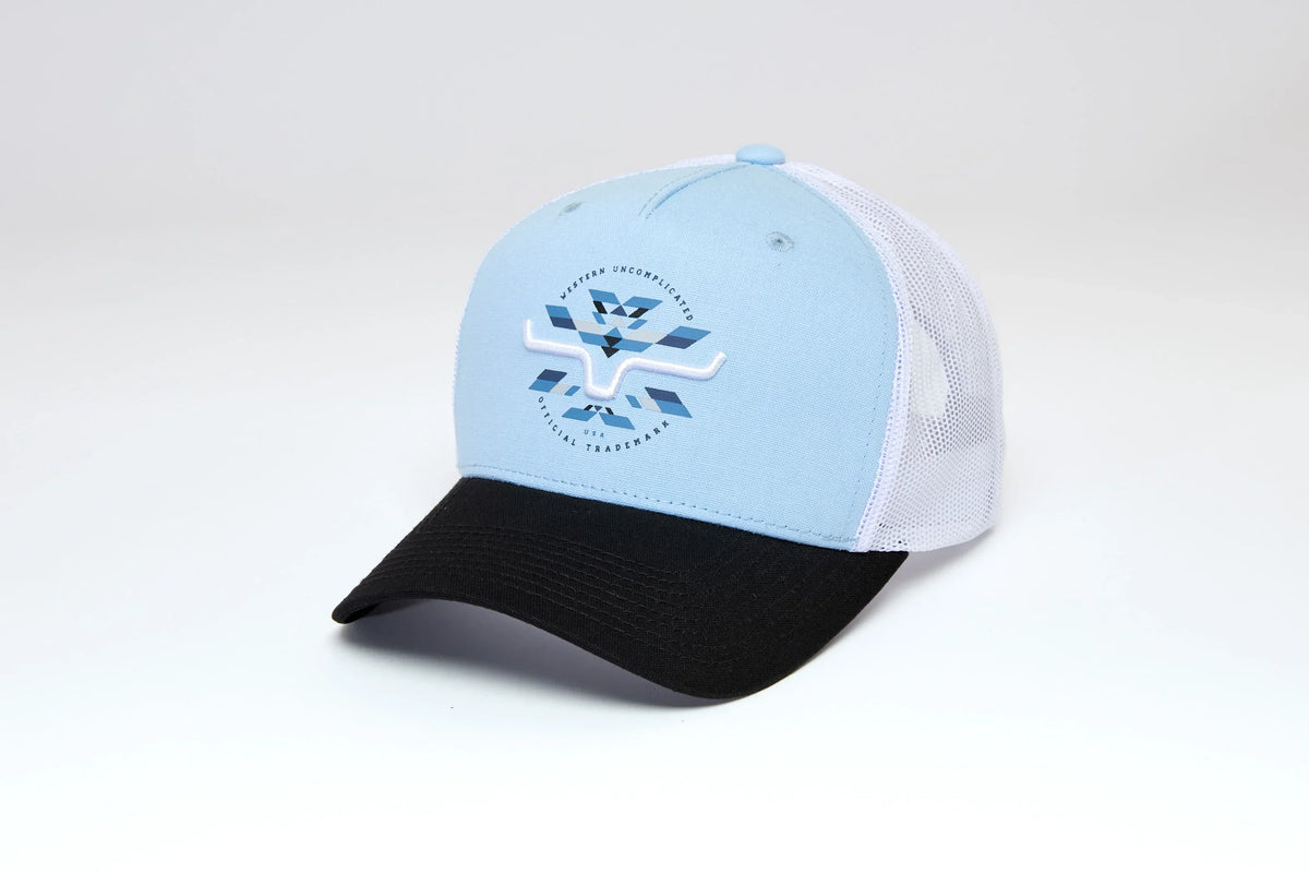 Kimes Ranch Brighton hat in Light Blue, side view, with a black brim and white mesh back featuring the Kimes Ranch logo