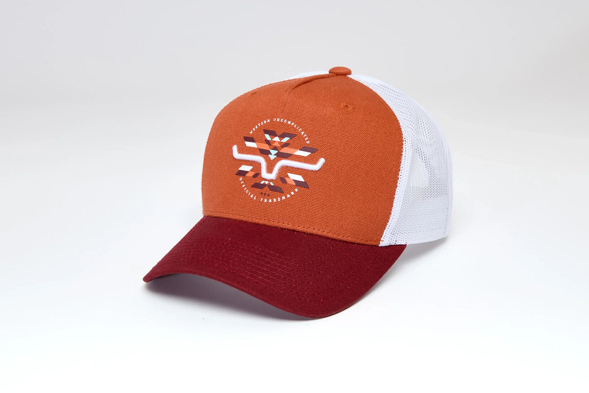 Kimes Ranch Brighton hat in Spice Red, side view, with white mesh back and embroidered logo