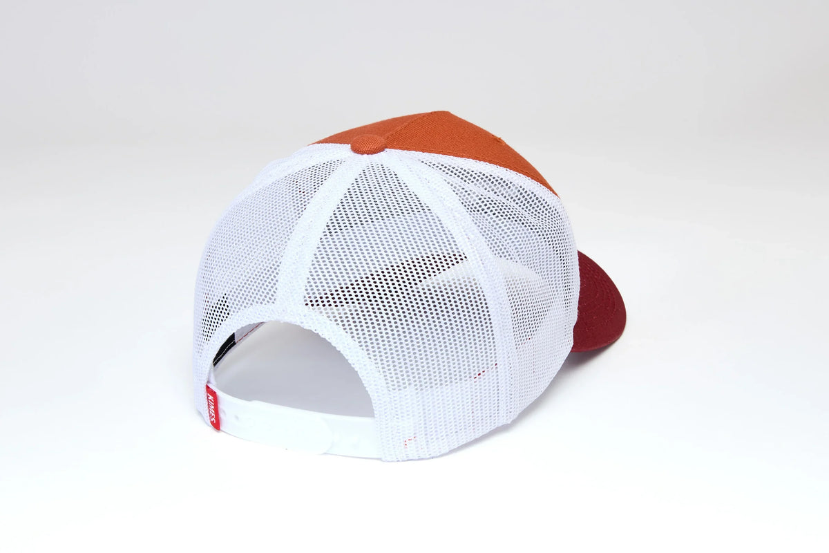 Kimes Ranch Brighton hat in Spice Red, back view, with white mesh back and adjustable strap