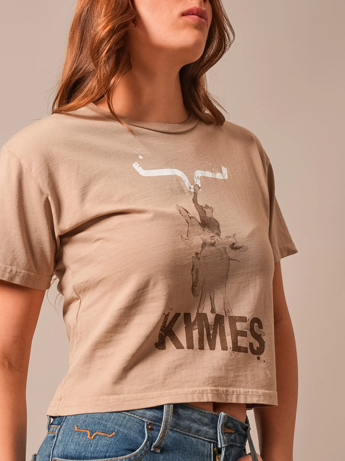 Kimes Ranch Bucks shirt in Tan with a graphic of a buck and the word KIMES