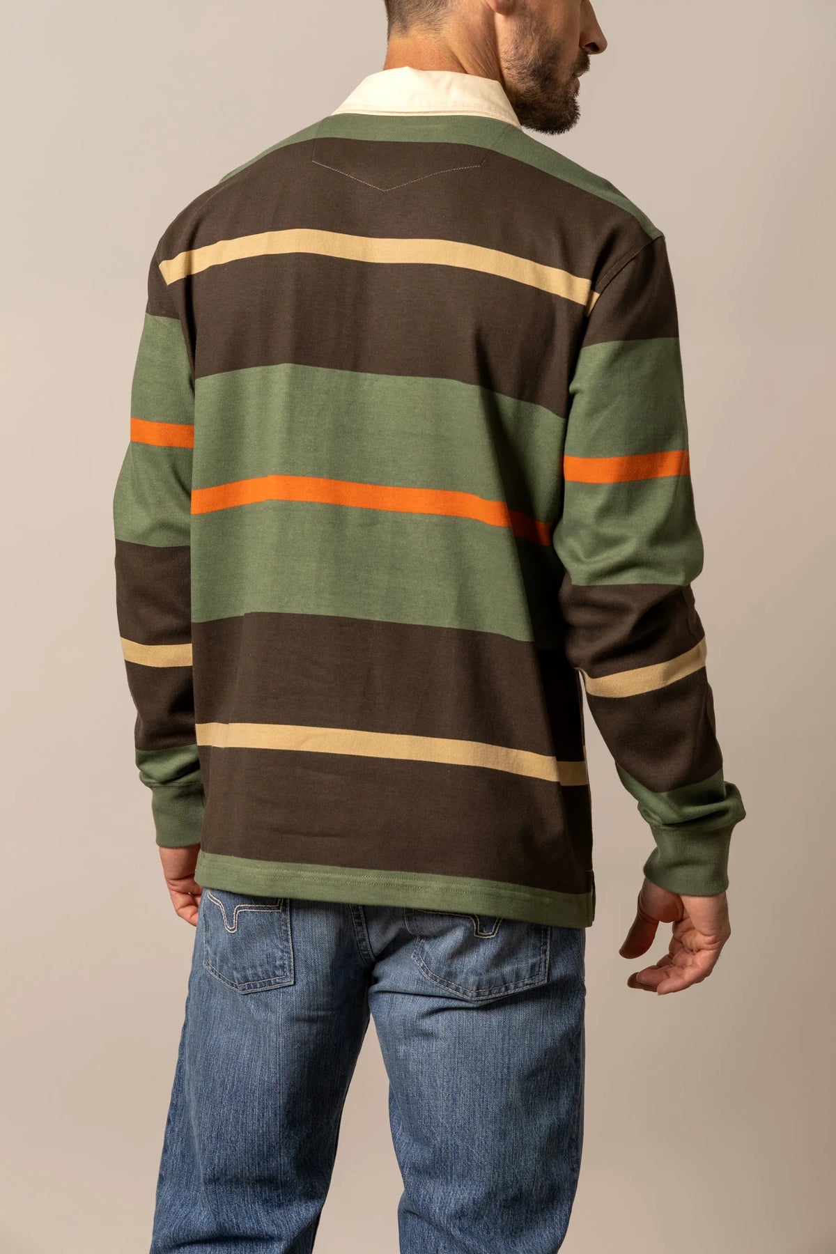 Kimes Ranch Bulldog Rugby polo in Army Green, back view, with brown and tan horizontal stripes and orange sleeve accents