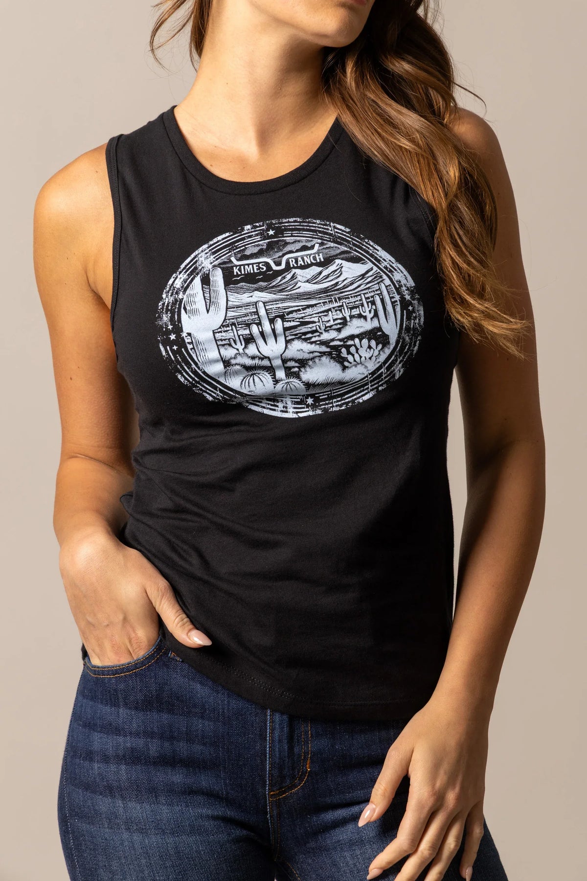 Kimes Ranch Cactus Prairie Black sleeveless shirt with a graphic of a desert landscape and cacti