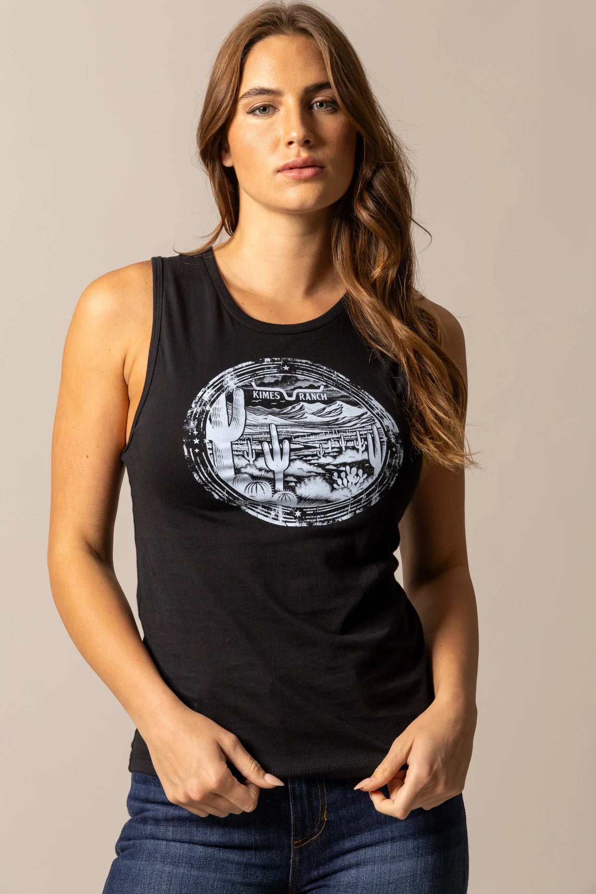 Kimes Ranch Cactus Prairie Black sleeveless shirt with a white oval graphic of a desert landscape and cacti