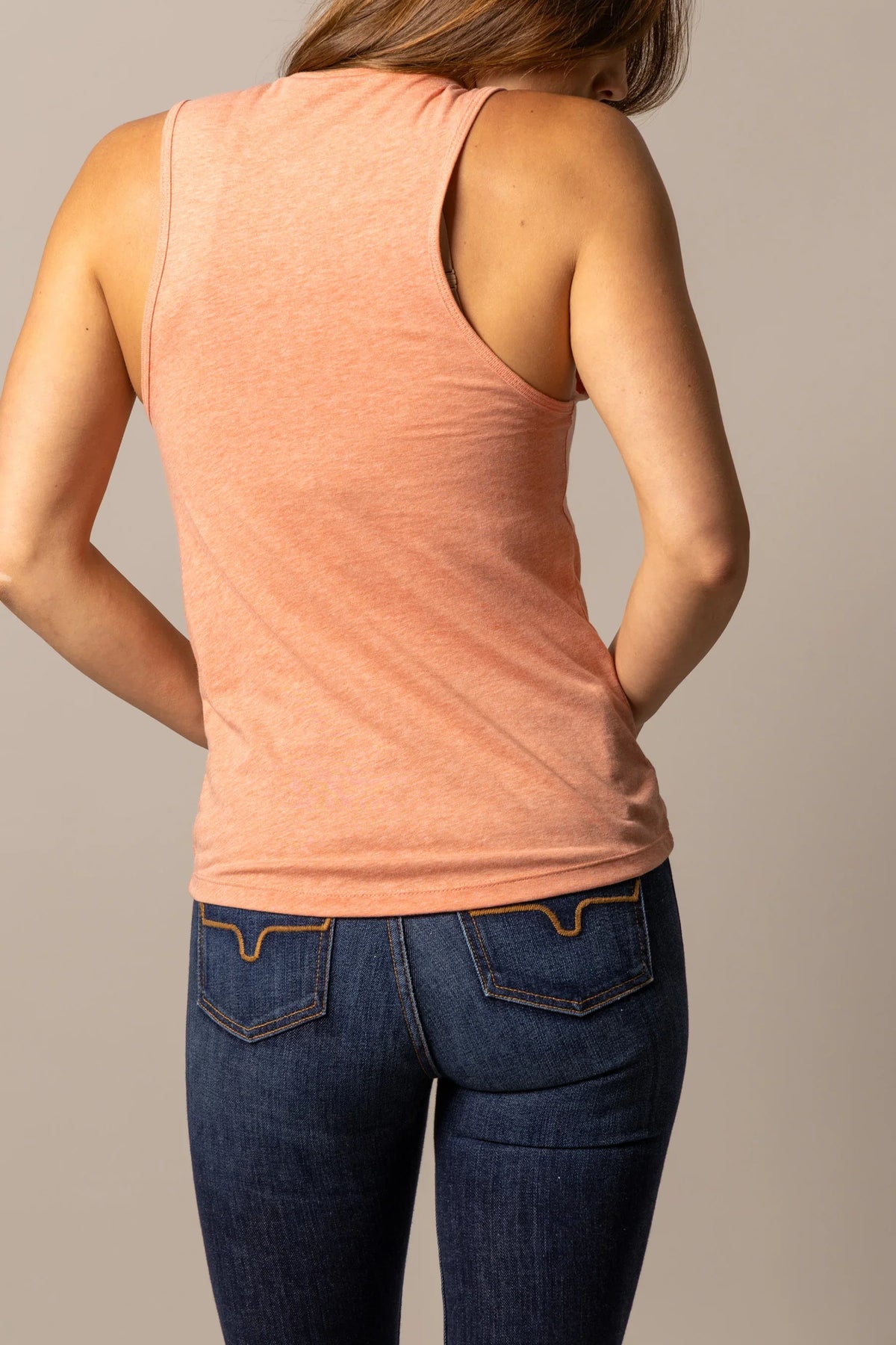 Kimes Ranch Cactus Prairie shirt in Dusty Rose, back view, with a racerback design
