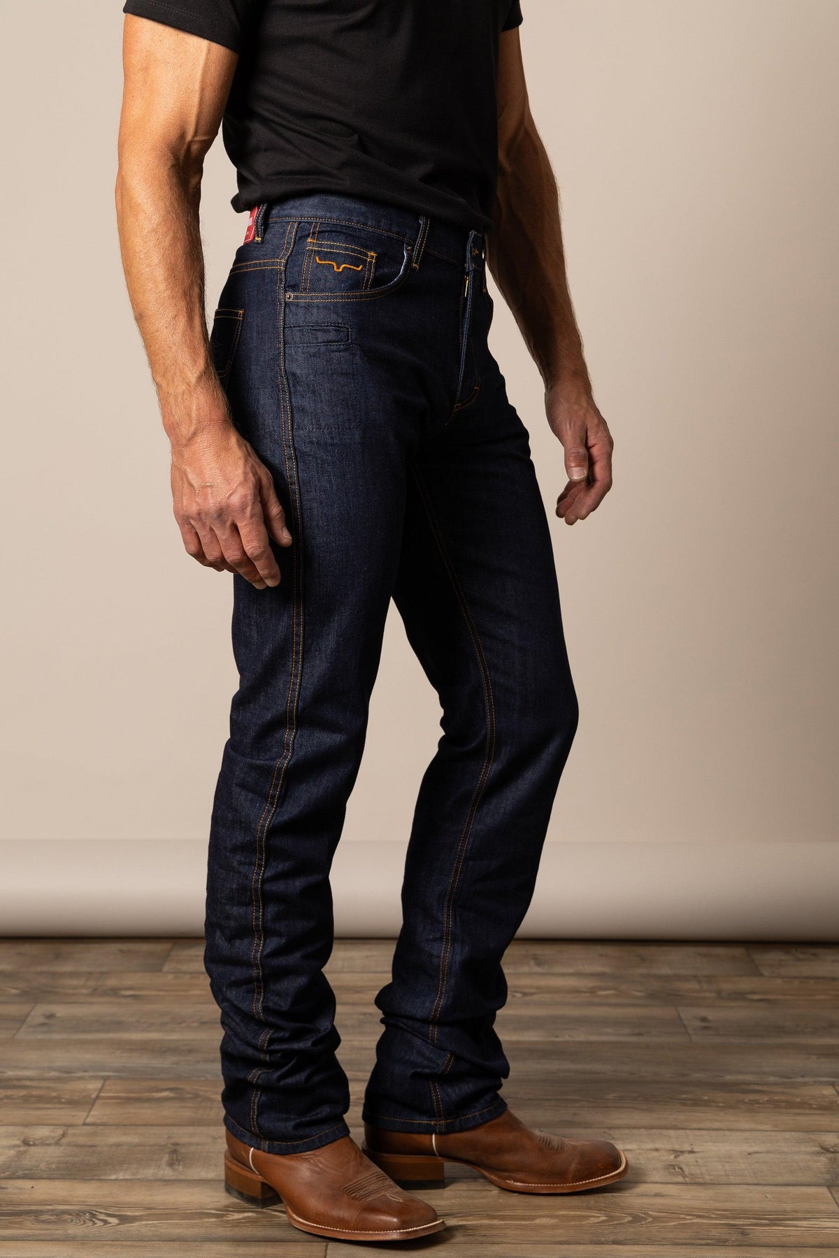 Kimes Ranch Cal Straight Fit Bootcut jeans in dark indigo with contrast stitching and back pocket detail
