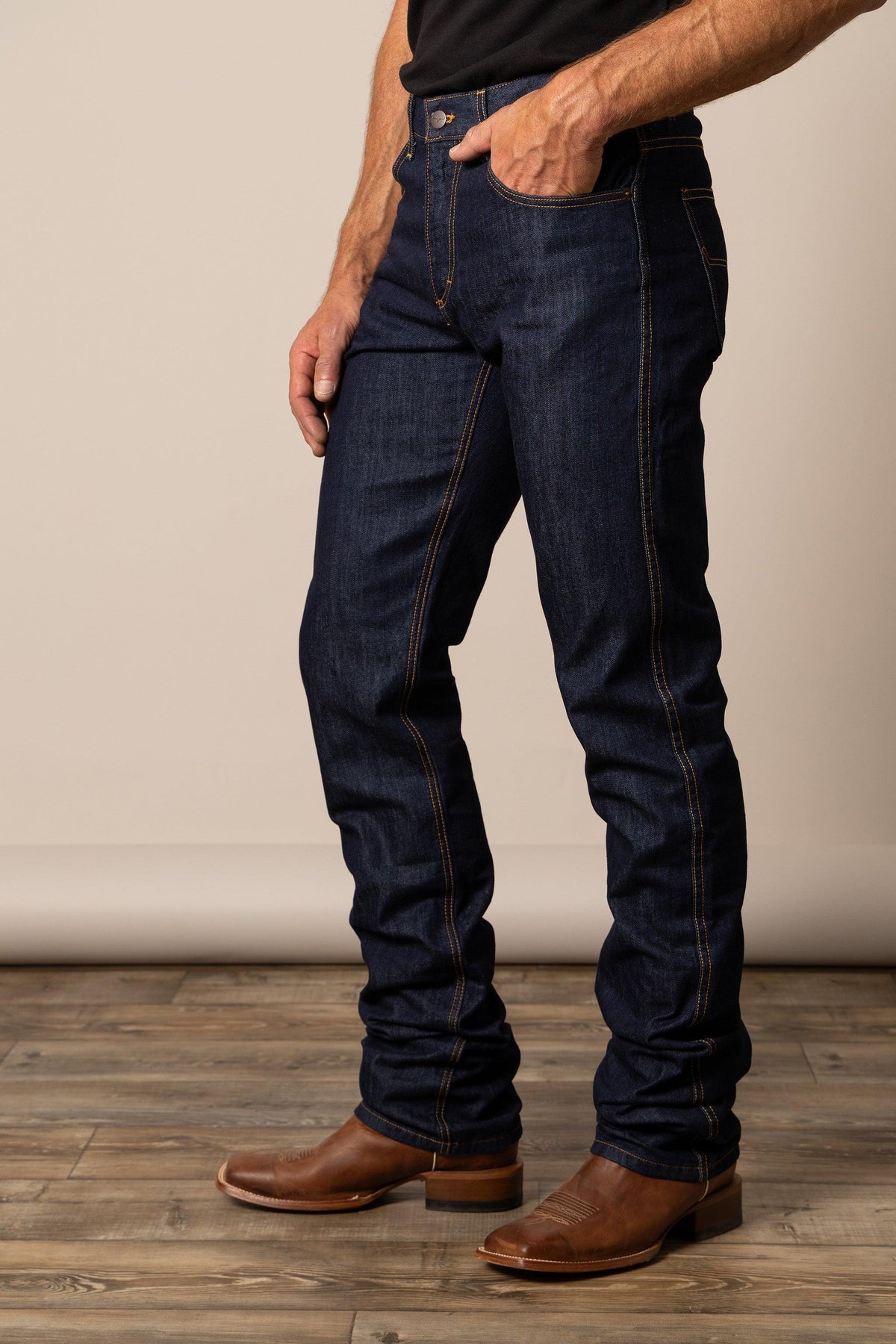 Kimes Ranch Cal Straight Fit Bootcut jeans in indigo with contrast stitching