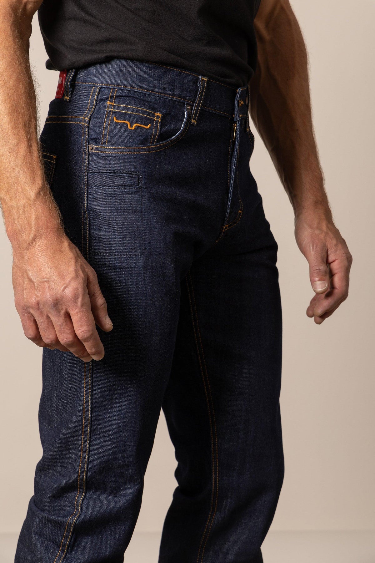 Kimes Ranch Cal Straight Fit Bootcut jeans in dark indigo with contrast stitching and front pockets