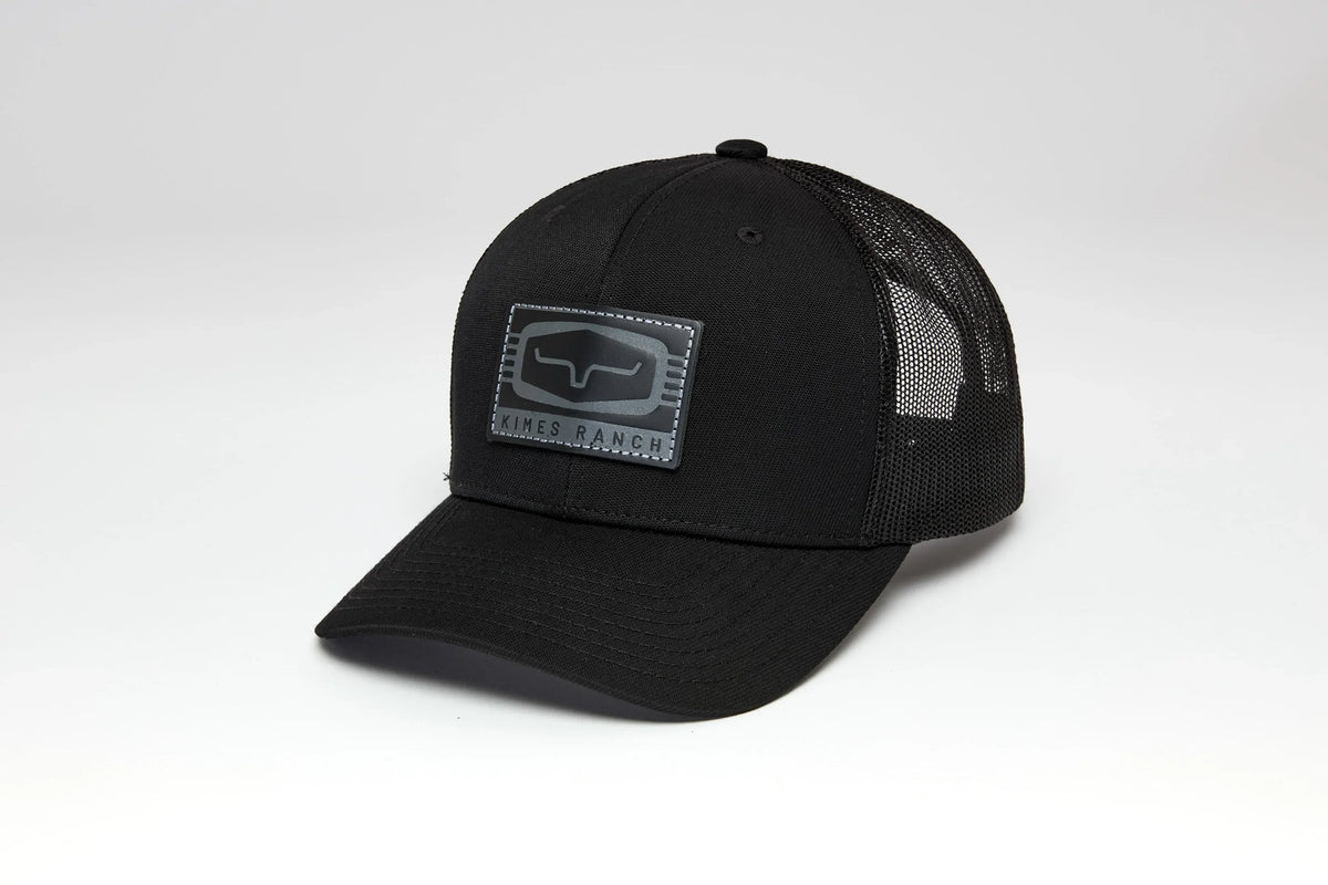 Kimes Ranch Camden Black trucker hat with mesh back and front logo patch