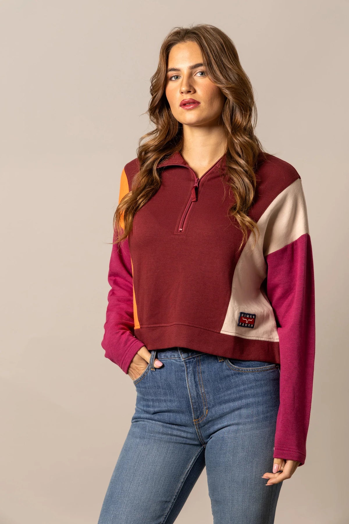 Kimes Ranch Cami Sweater in Maroon with colorblock sleeves and a quarter zip front with a Kimes Ranch logo patch